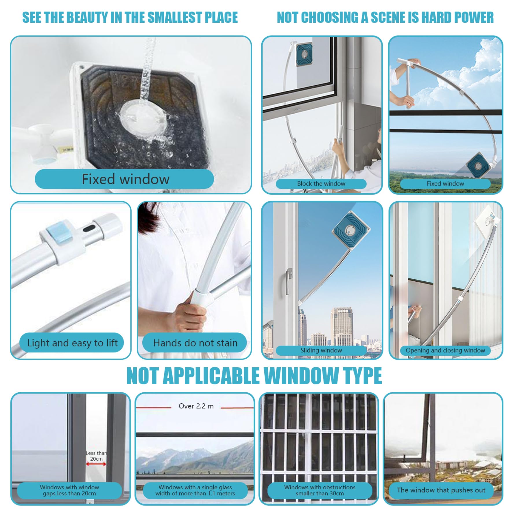 Herramienta de limpiador de ventana exterior, limpiador de ventanas extensible 2 en 1 con cabezal giratorio de 360 ​​°, limpiador al aire libre extraíble, limpiador de ventanas de doble cara