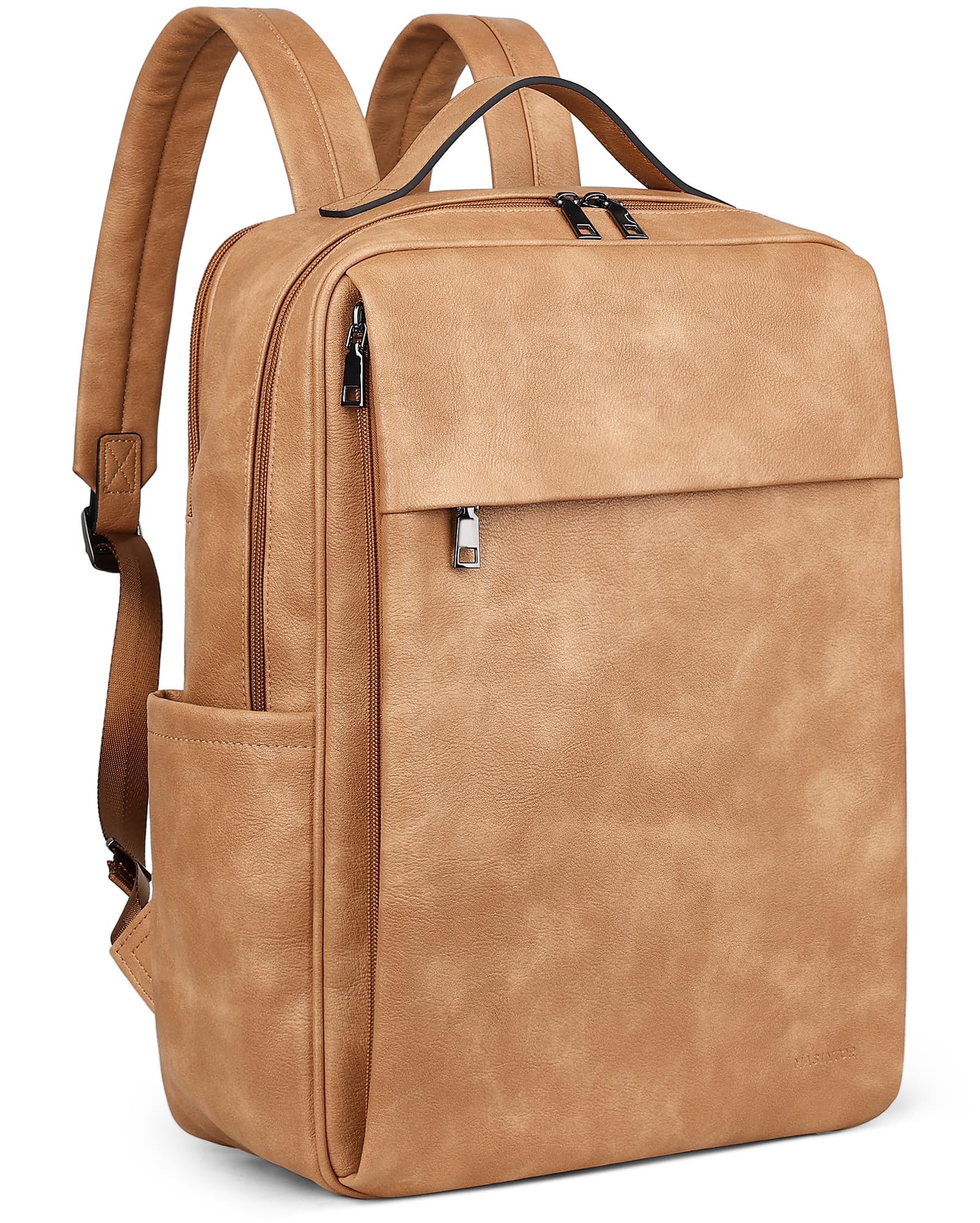 MASINTOR15.6 inch PU Leather Laptop Backpack Purse for Women, Large College Casual Backpack Travel Bag Retro Camel