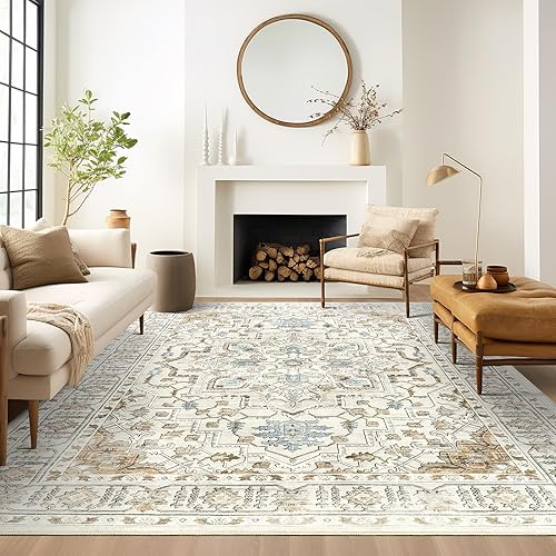 Area Rugs for Living Room - 9x12, Boho Non-Slip Low Pile Carpet Machine Washable Rugs for Bedroom Office, Dining Room (Beige)