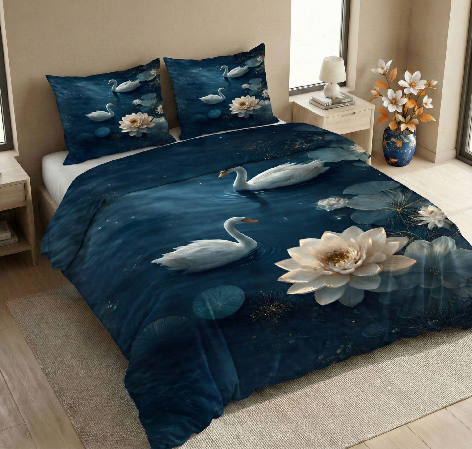 VAS COLLECTIONS 300 TC Cotton Double Bedsheet for Super King Bed (108×108 in) | 7D Digital Printed Floral Bedsheet with 2 Pillow Covers | Soft, Wrinkle Packaging | Blue White-picture-35