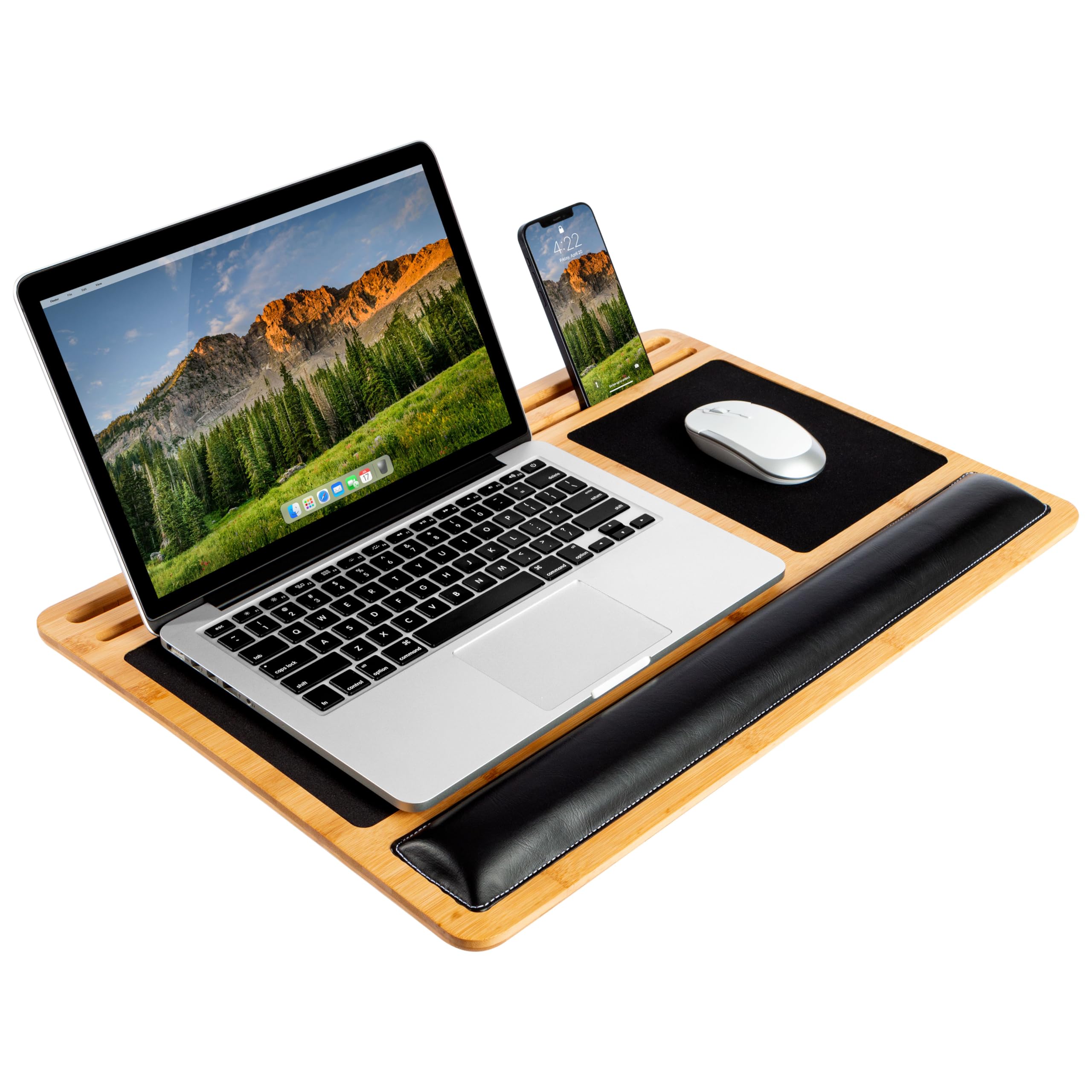 LAPGEAR Bamboo Pro Lap Board with Wrist Rest, Mouse Pad, and Phone Holder - Natural - Fits up to 17.3 Inch Laptops and Most Tablets - Style No. 77101