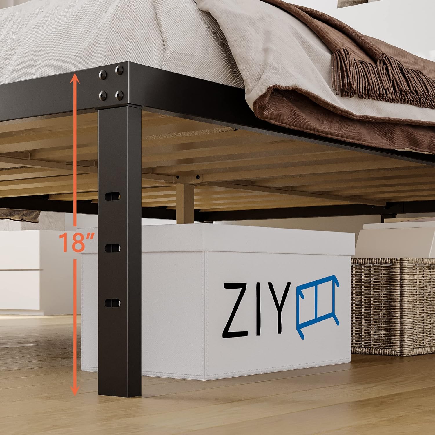 ZIYOO King Size Bed Frame, 18 Inch High, 3 Inches Wide Wood Slats with Better 3500 Pounds Support for Foam Mattress, No Box Spring Needed, Noise Free, Non-Slip, Easy Assembly