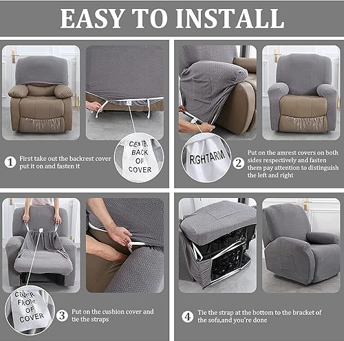 Miniatura 6 de Fundas elásticas para sofá reclinable, 8 piezas, fundas para sillas reclinables grandes, fundas para sofá reclinable de 3 asientos, lavable,
