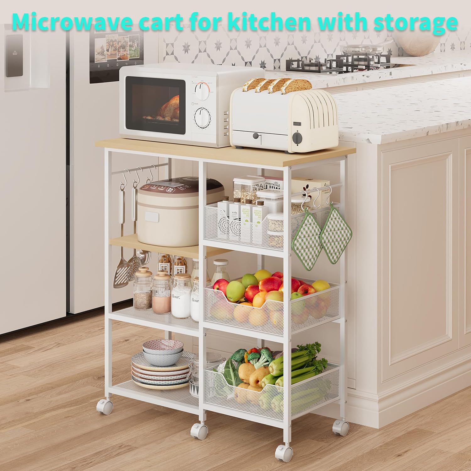 HapiRm Rolling Kitchen Carts with Storage - Microwave Table Stand with 6 Hooks & 3 Baskets, kitchen Island Cart on Lockable Wheels, 28.3" L × 14.6" W Bakers Rack Cart for Dining Room Coffee Bar Office