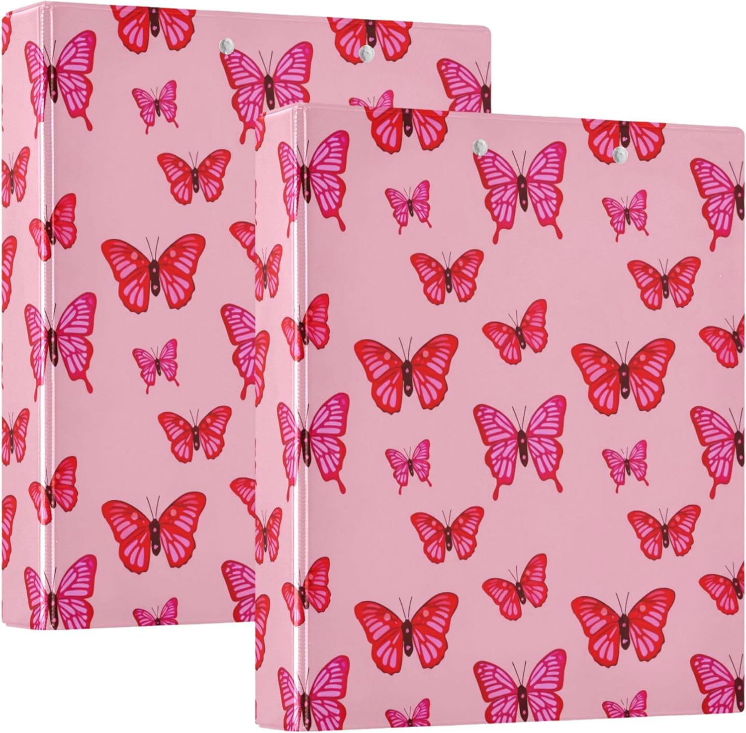 Red Butterfly 3 Ring Binders, 1.5” Round Ring Binders with Clipboard - Letter Size, 3 Interior PVC Clear Pockets & Anti-Slip Clip for Office School Supplies, 2PCS