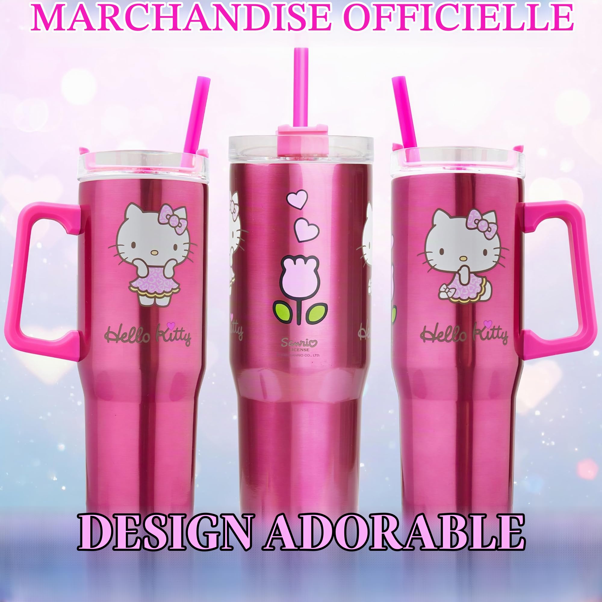 Get Trend Hello Kitty Sanrio Mug Isotherme avec Paille et Anse 940ml, Tasse Thermos Double Paroi Inox, Gobelet de Voyage Chaud & Froid (Rose Hello Kitty)
