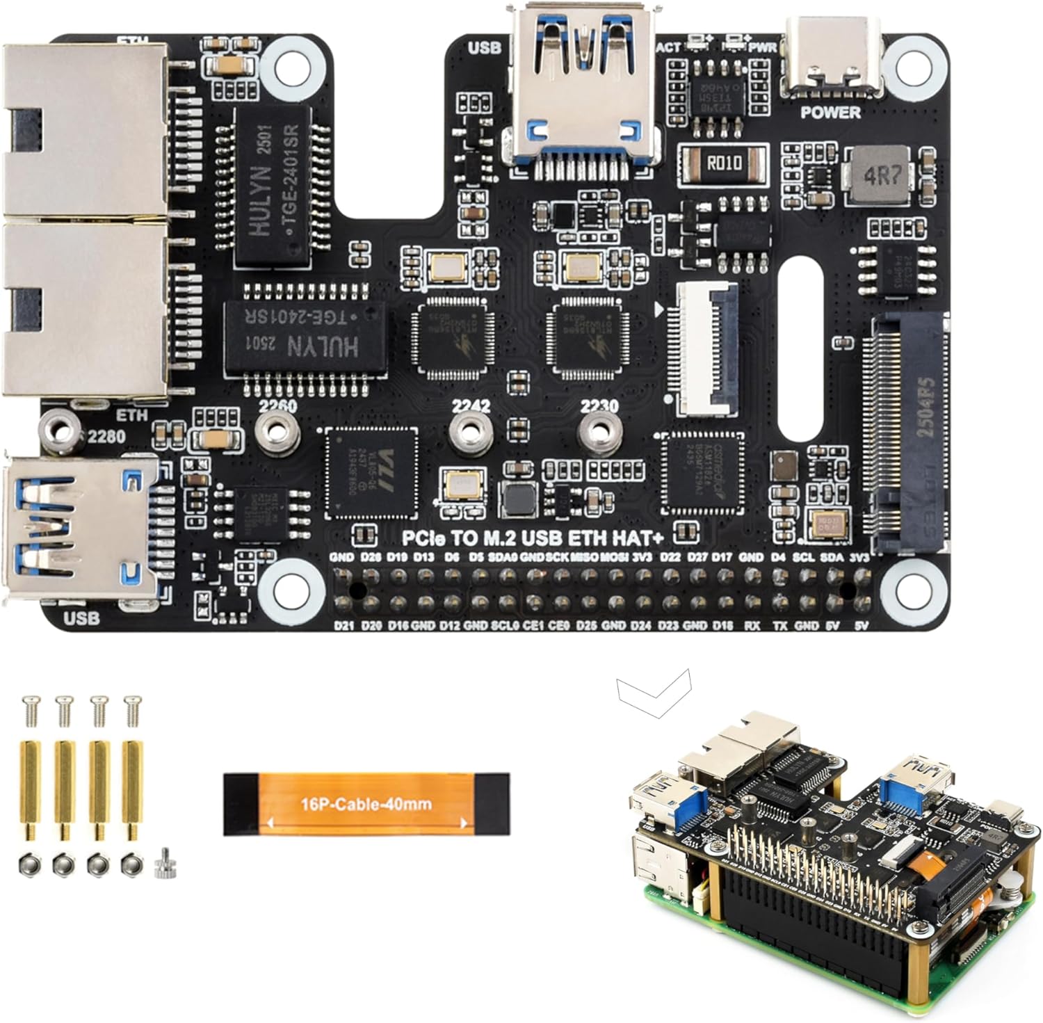 PCIe to USB 3.2 Gen1 /2.5G ETH/M.2 NVMe Adapter Compatible with Raspberry Pi 5, Supports 2230/2242/2260/2280 NVMe M.2 Solid State Drive,Dual 2.5G Ethernet Ports &Dual USB 3.2 Ports & M.2 NVMe Slot