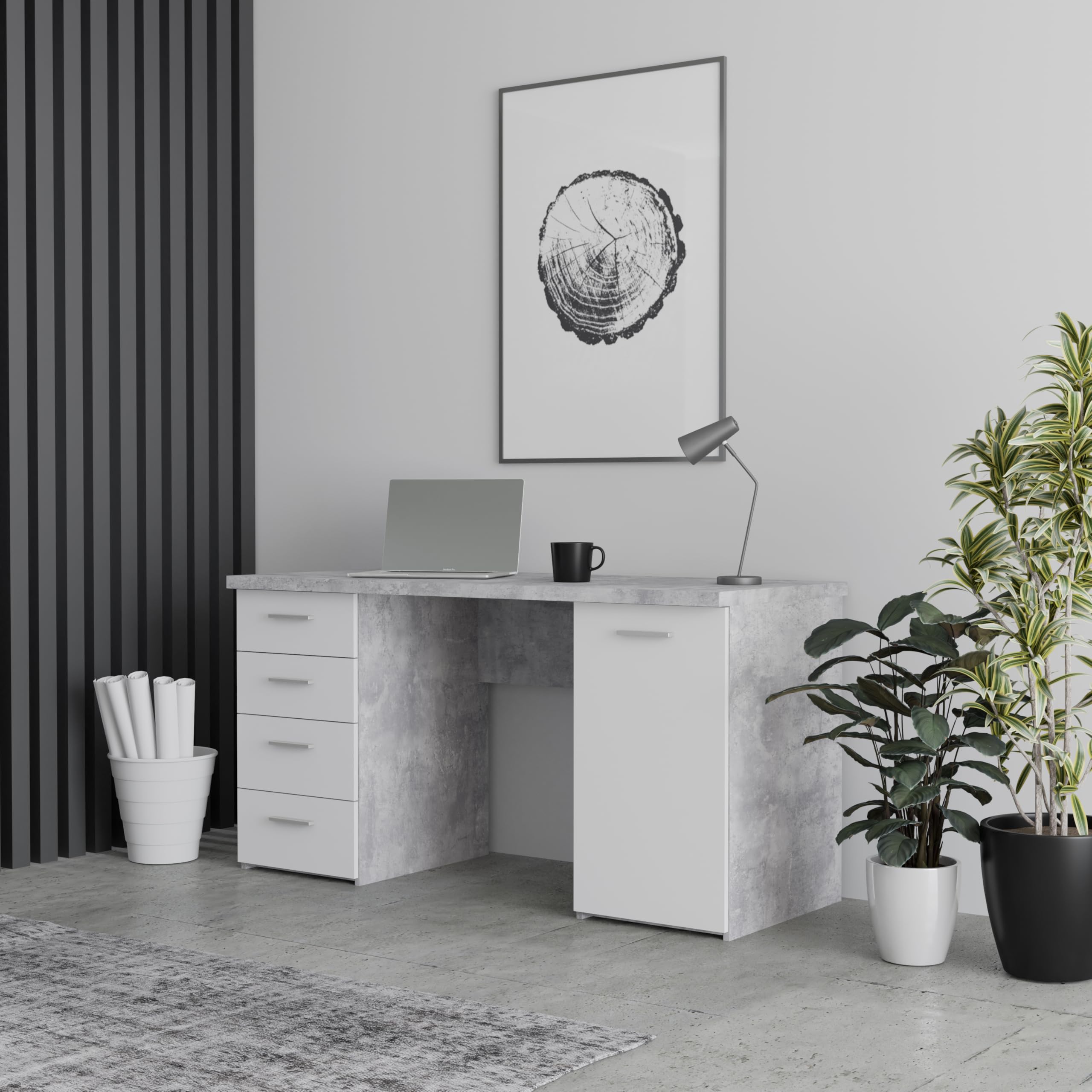 Forte NET106 Schreibtisch 140 150, Schreibtisch mit 4 Schubladen und 1 Tür, Home Office, Büro, Computertisch, Holzwerkstoff, Betonoptik Lichtgrau / Weiß, 145 cm breit x 60 cm tief x 76,3 cm hoch