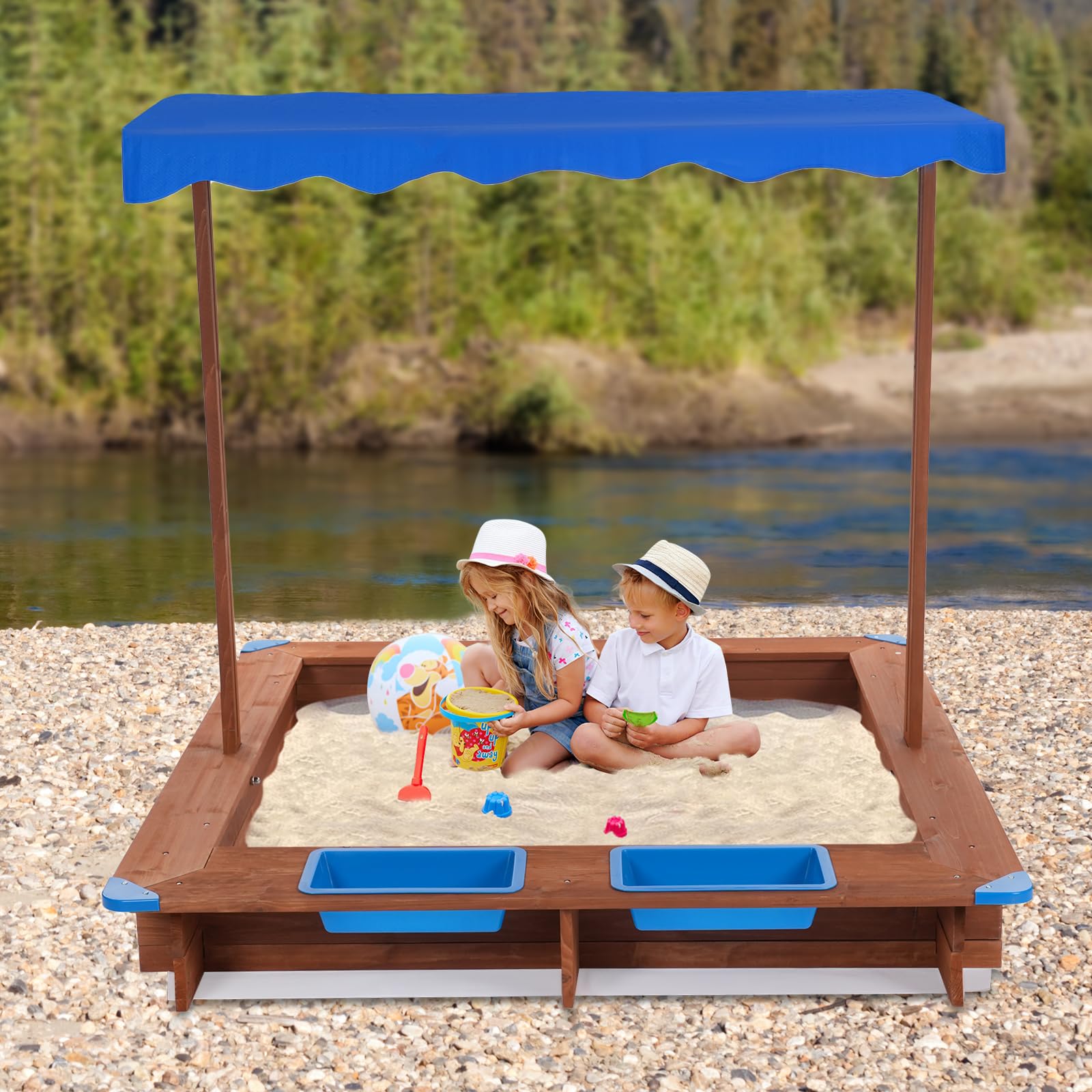 Sabbiera in legno per bambini con copertura del tetto, 126 x 121 x 118 cm, sabbiera in legno blu e marrone, con tappetino per sabbia per giardino, esterno per bambini dai 3 anni ai 14 anni