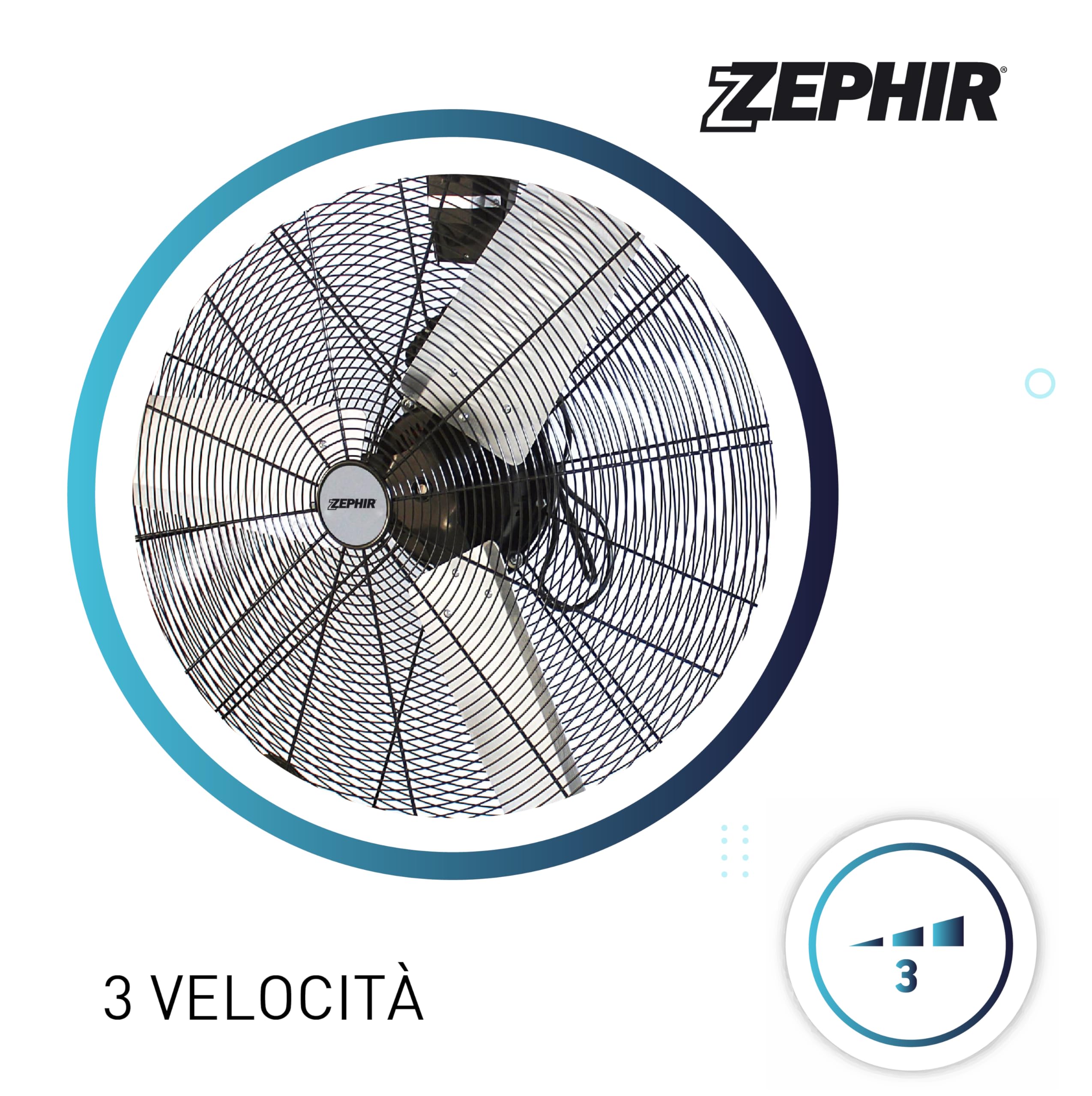 Zephir ZDM90CM Ventilatore Industriale da Terra Professionale con Ruote Struttura Interamente in Metallo Superpotente Pala 90 cm Gabbia 3 velocità selezionabili Motore da 360W, Nero