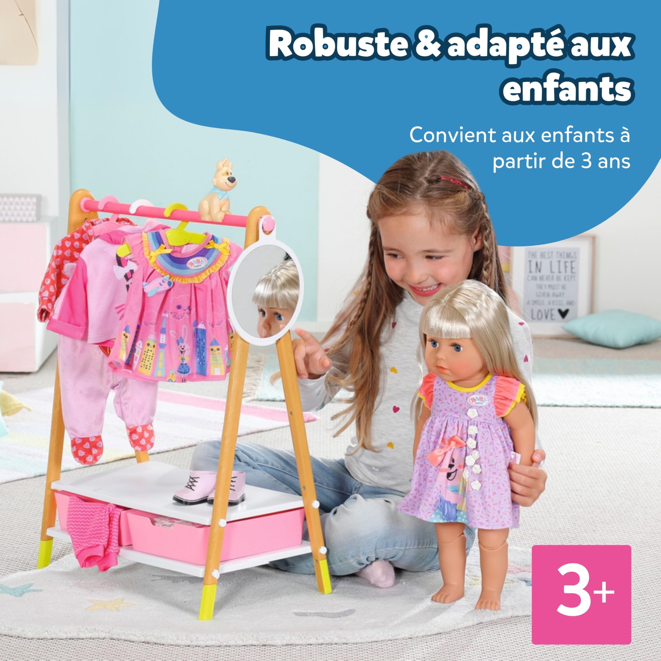 BABY born Tringle à vêtements - Portemanteau pour poupées Aspect Bois avec Miroir, tiroirs et cintres - Accessoires de Haute qualité pour poupées - Convient aux Enfants à partir de 3 Ans
