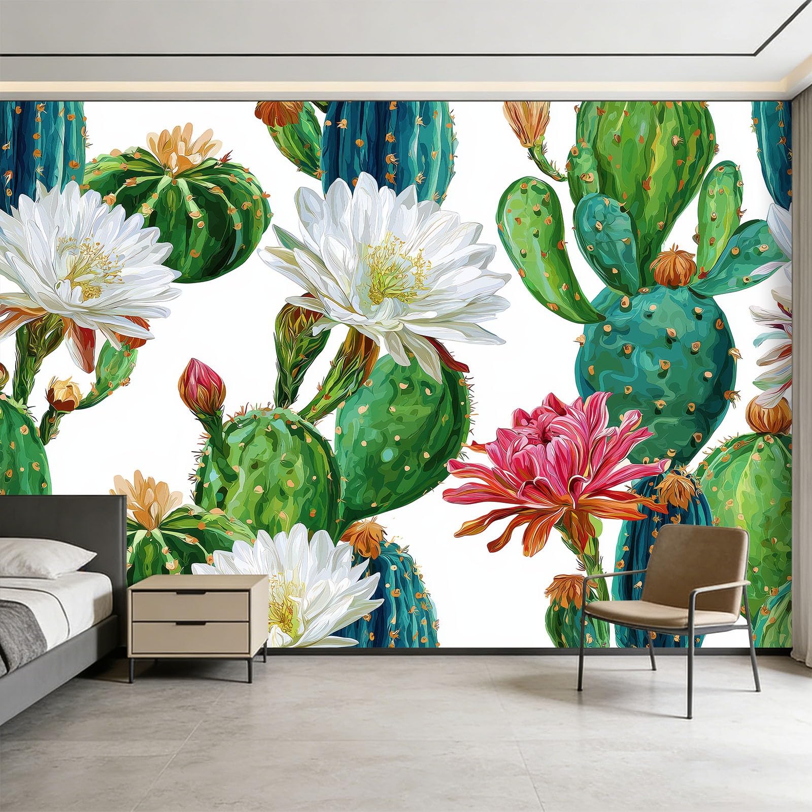 500 x 280 cm, fototapeta z włókniny z efektem 3D, kaktusem i wzorem kwiatowym, w stylu dworkowym, fototapety do salonu, sypialni, tapeta na flizelinie, tapeta ścienna, zielona