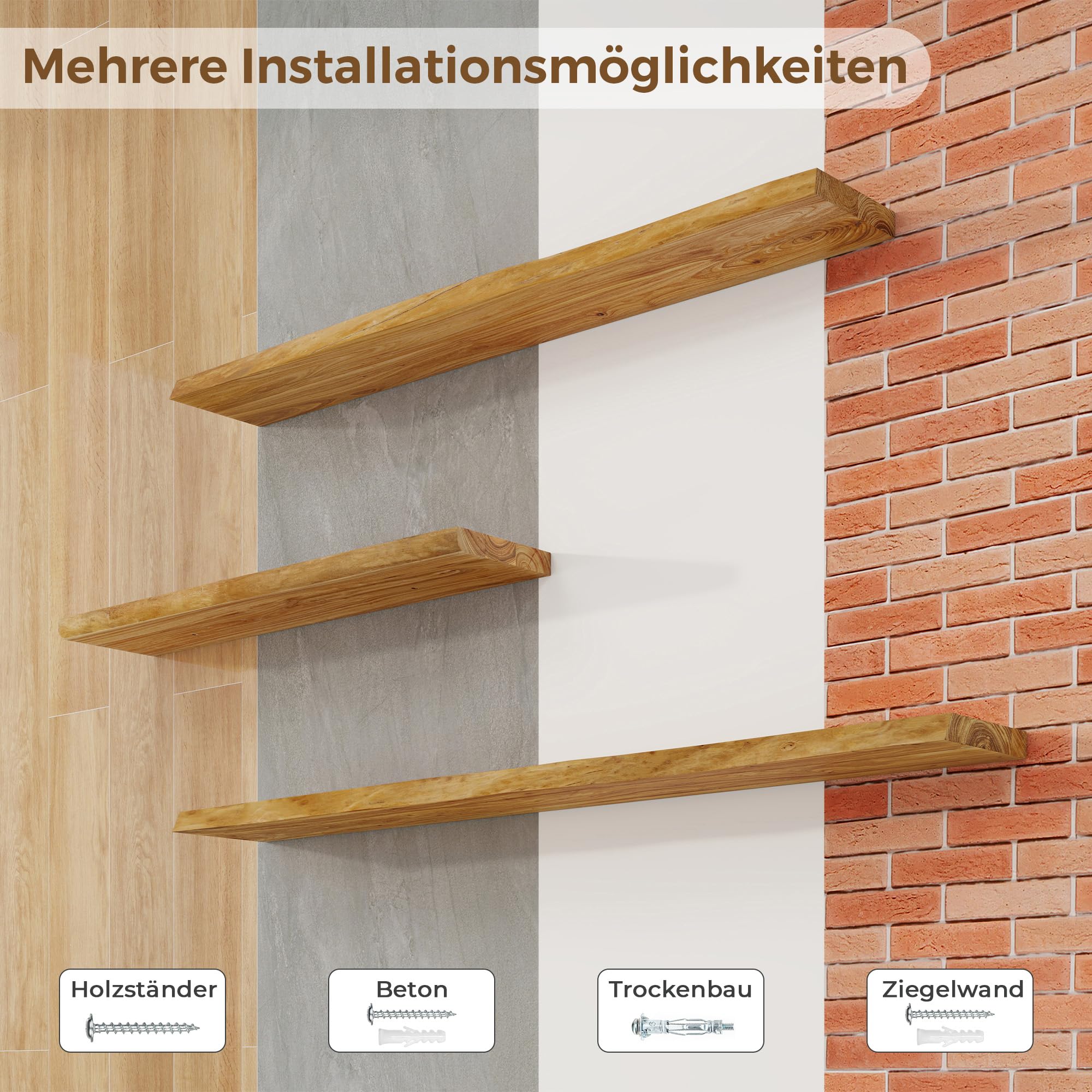 Axeman Schweberegal 2er Set mit Baumkante aus recyceltem Ulmenholz Massivholz – 40 x 20 x 3.5 cm Wandregal mit unsichtbarer Halterung für Wohnzimmer Küche Schlafzimmer Flur Büro in Natur
