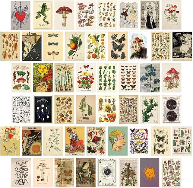 MIVAIUN 50 Pieces Vintage Botanical Wall Collage Kit Aesthetic Picture Indie Room Decor Teens Girls Posters for Bedroom Wall Art Prints Fake Vines Small Poster Plant Art (50 pcs)
