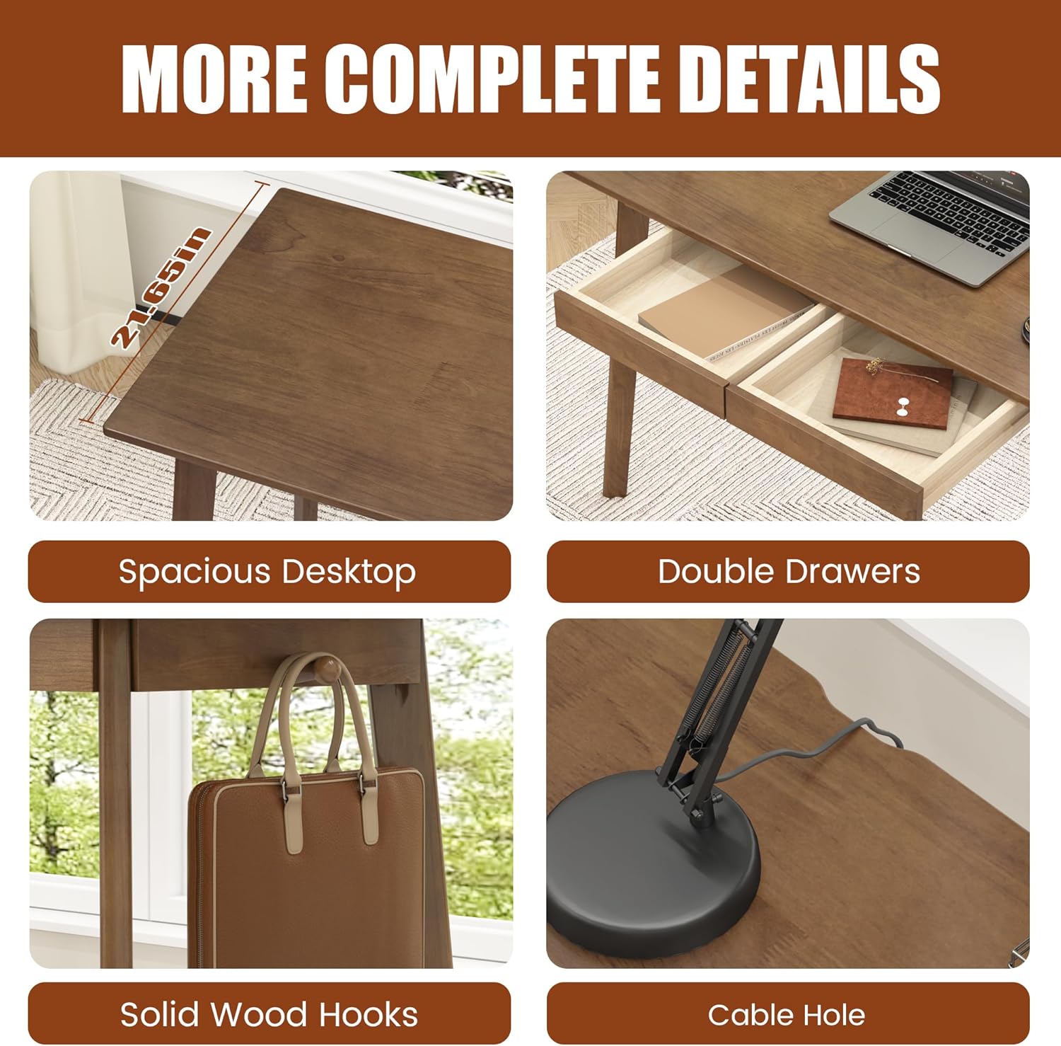 Solid Wood Desk with Drawers - 48 Inch Mid Century Modern Desk, Vintage Desks with 2 Hooks, Simple Writing Study Table, Mid Century Desks for Bedroom, Living Room & Office, Walnut Color