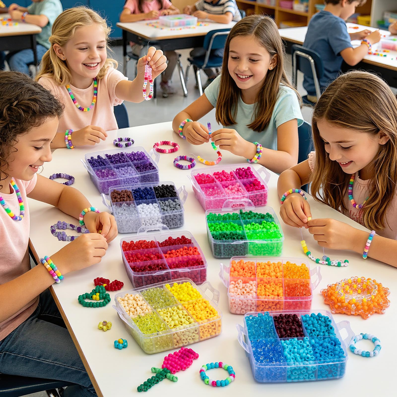 Umikk Pony-Perlen in 48 Farben, 6 x 9 mm, Kunststoff-Kandi-Perlen für Armbänder, Haare, Flechten, Schlüsselanhänger, Schnüren, Basteln, Geschenke für Kinder ab 6 Jahren (2,60 kg, stapelbarer
