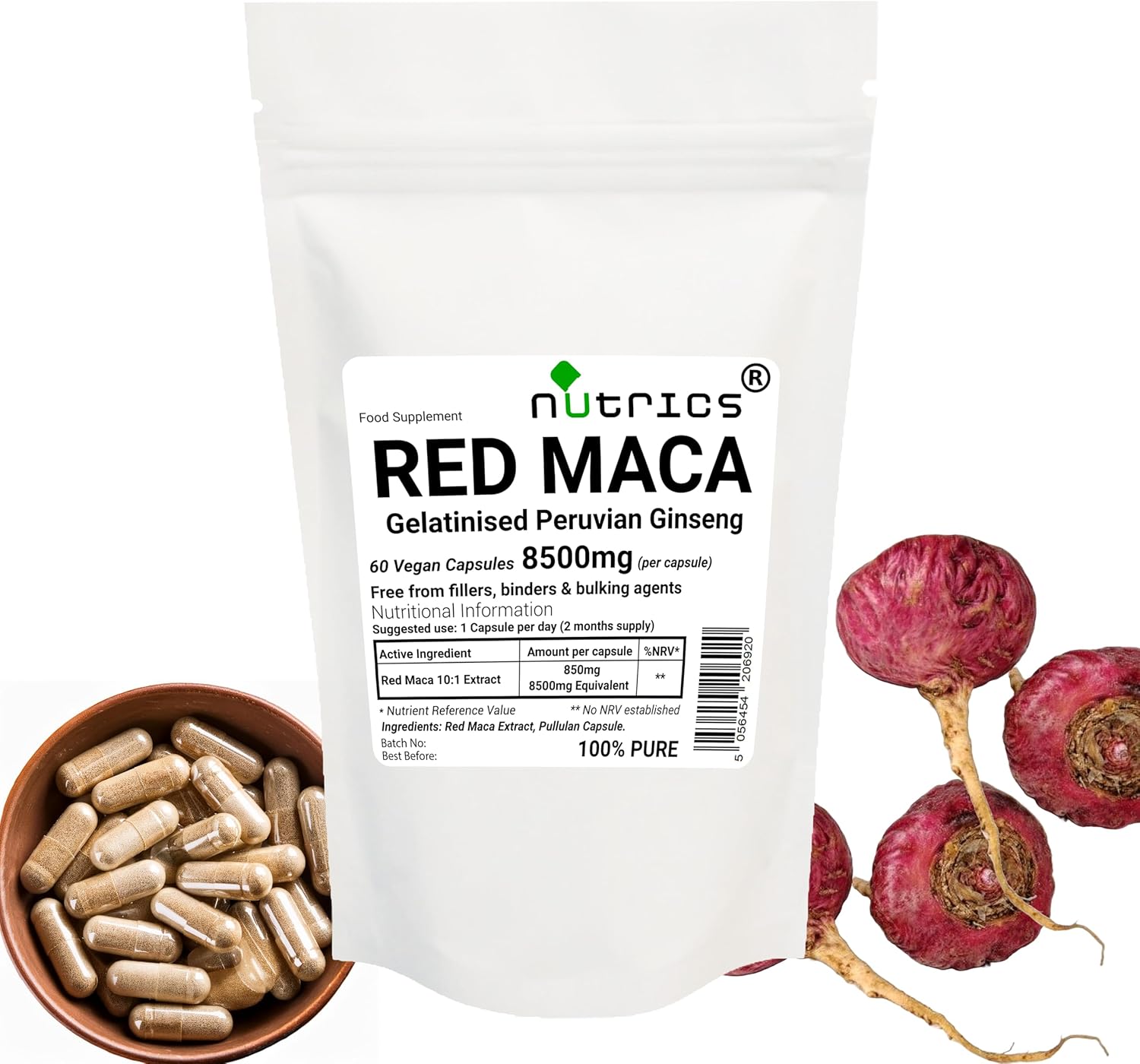 8500mg (per Capsule) GELATINISED RED MACA Root Extract 60 V Capsules – Peruvian Ginseng – No Additives Strong One A Day