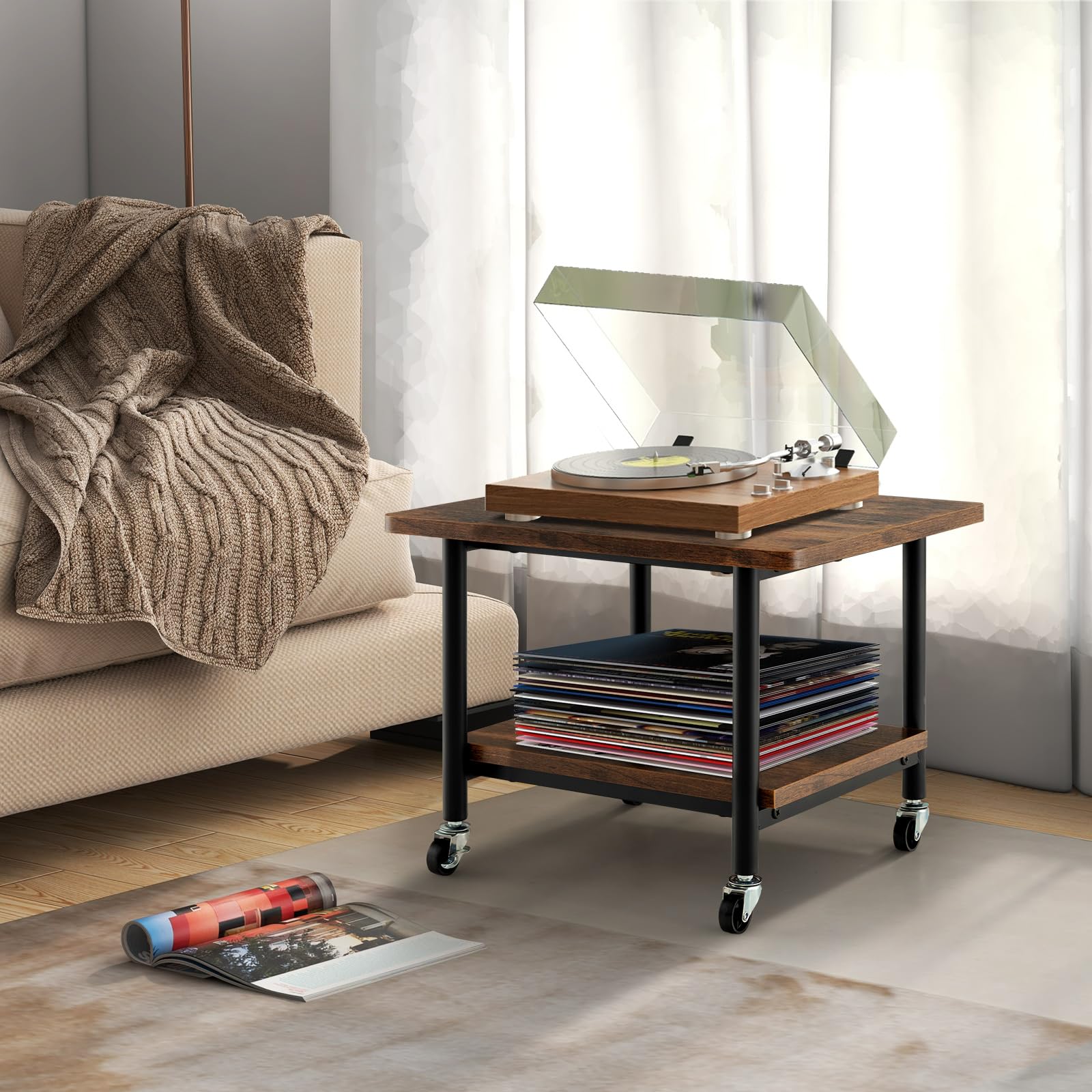 COSTWAY Supporto per Stampante, Carrello Stampante con Ruote Girevoli a 360⁰, Design Rimovibile, Superficie Ampia e Liscia, di Legno e Acciaio, 49 x 40 x 37 cm (Marrone)