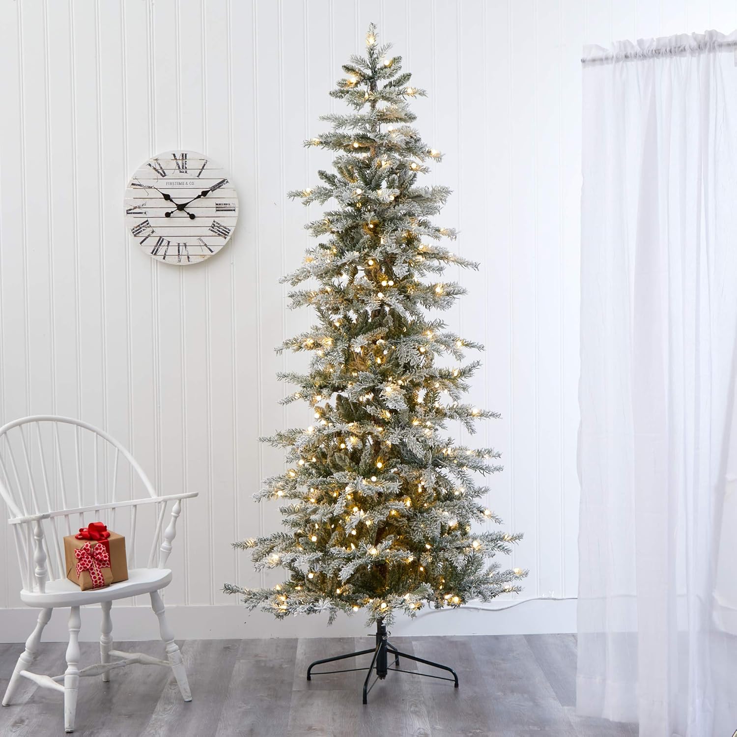 Nearly Natural 7.5ft. Slim Flocked Nova Scotia Spruce Artificial Christmas Tree with 450 Warm White LED Lights and 909 Bendable Branches