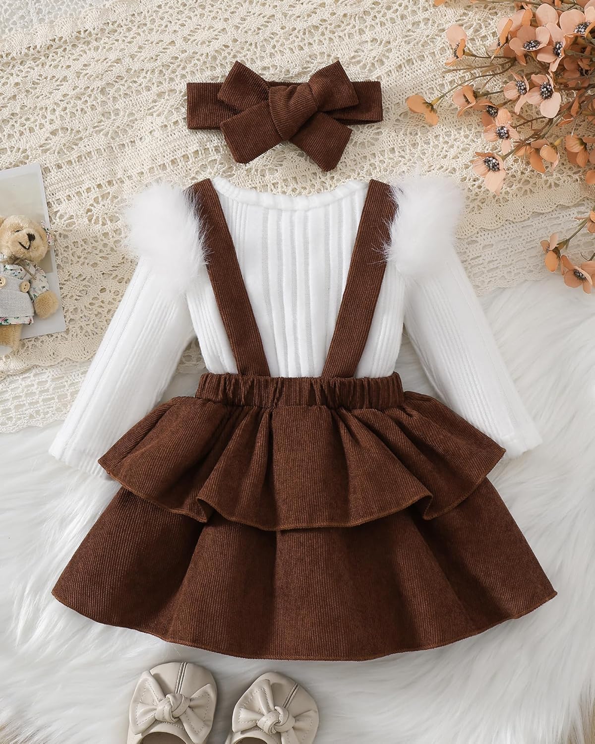Megeoly Baby Girl Fall Winter Skirt Set Newborn Overall Dress Long Sleeve Ribbed Romper Suspender Skirts 3Pcs Outfits - Image 4