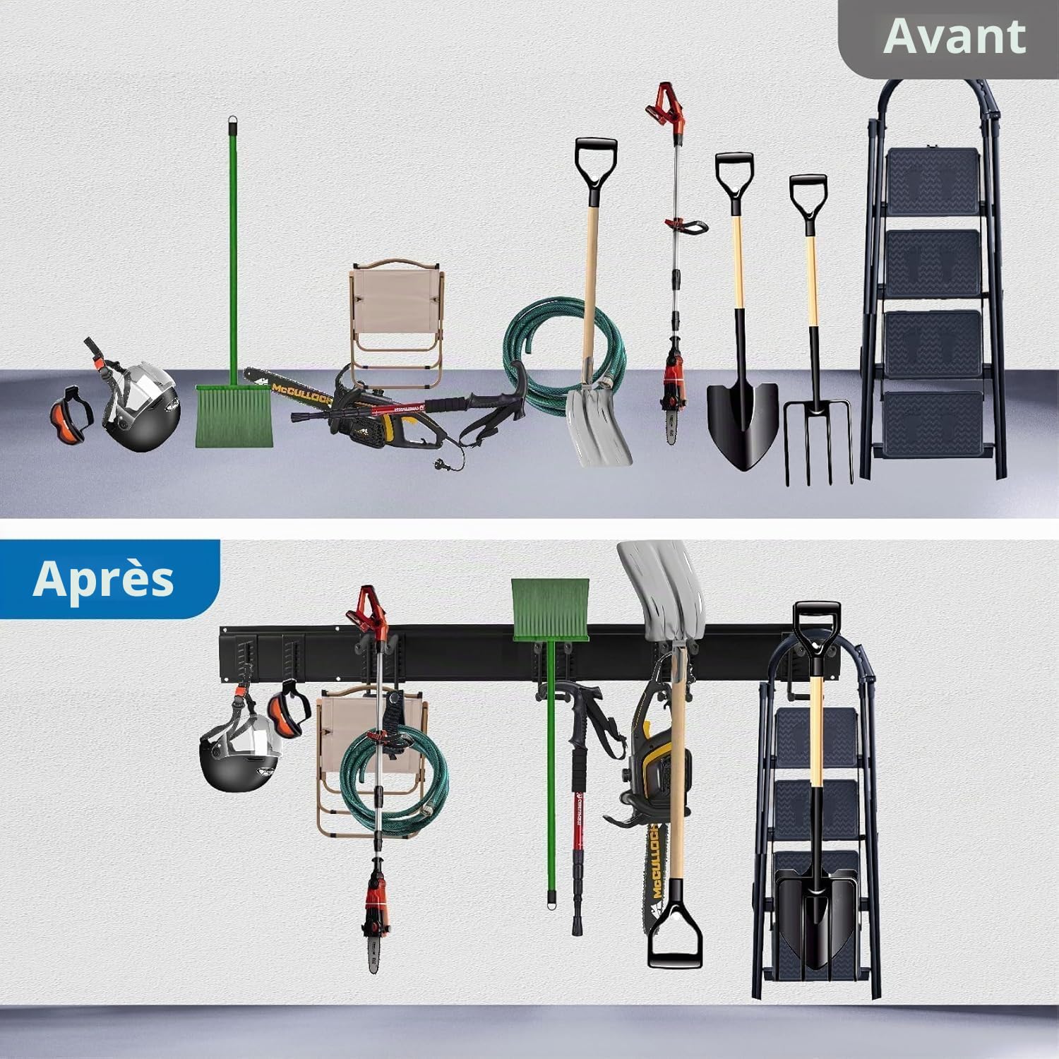 Porte Outils Mural Premium - Range Outils de Jardin avec 6 Crochets Réglables, Support Balais Mural pour Garage/Jardin - Organisation du Garage en Acier Robust