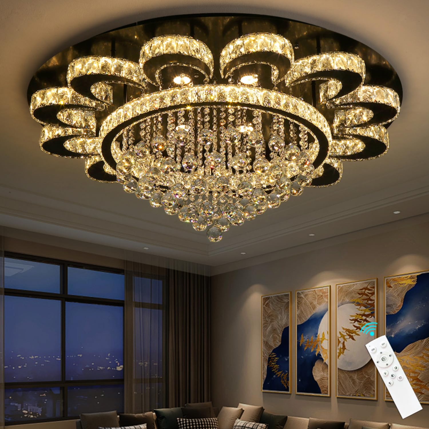 Photo 1 of HAIXIANG Modern Chandelier Living Room Light Glam Chandeliers Ceiling Light Fixture Remote Dimmable Lights 40 Inches Luxury Crystal Black Dining Room Lights