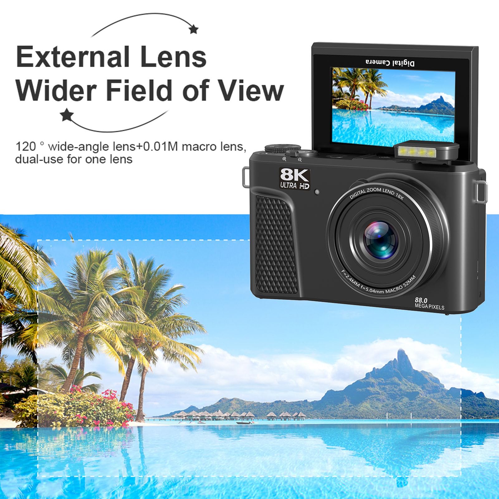 Fockety Aparat cyfrowy 8K, aparat do vlogowania z autofokusem 88 MP, 3-calowym ekranem Ultra HD 180° z funkcją obrotu, 18-krotnym zoomem, aparat typu „point and shoot” (BLACK)