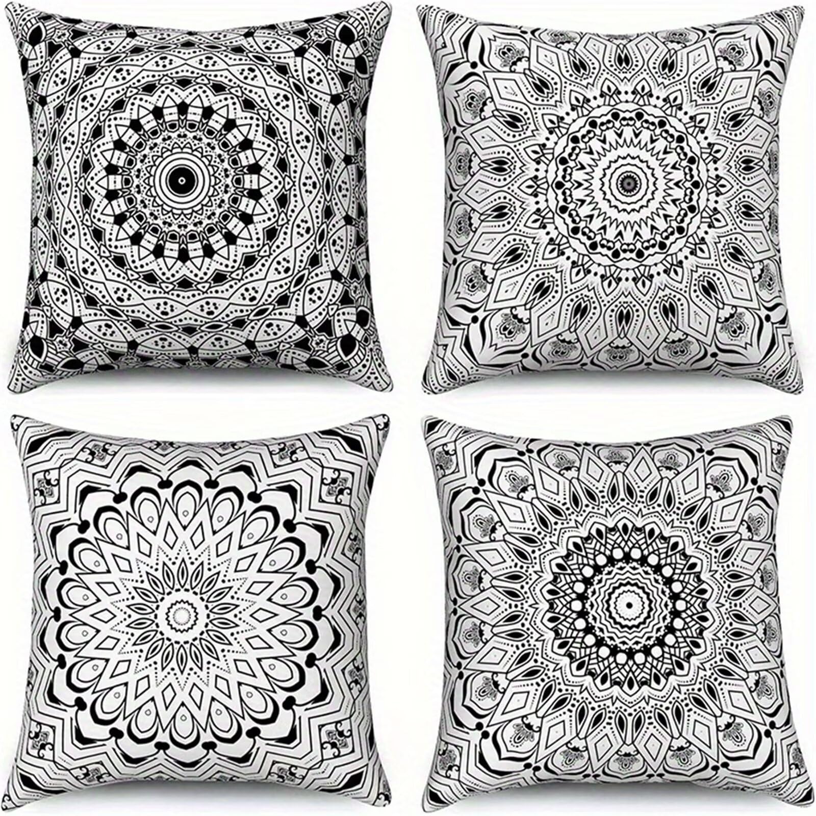 Fodere per Cuscini 45x45 cm Set di 4 Federe Cuscini Divano Mandala Bianco Nero Lavabile Lino Tessuto Quadrato Federa per Divano Camera da Letto Auto Sedia Casa Decoro