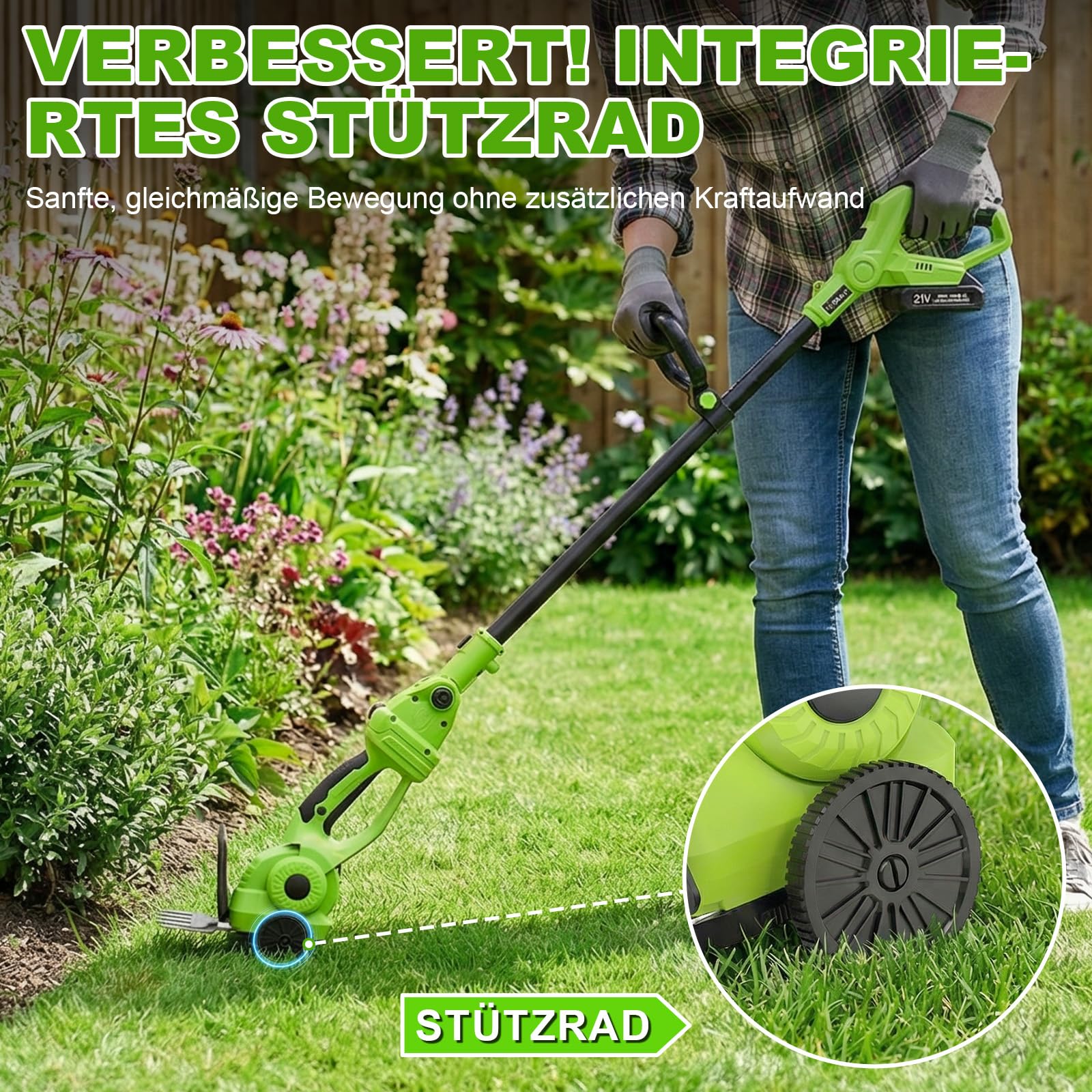 VOERJIA 4-in-1 Akku Grasschere & Strauchschere mit 115cm Verlängerungsstange (165cm Reichweite), 21V Gartenschere mit Rollen, 650W, 180° verstellbar, 2 Akkus – für Rasenkanten, Hecken & Formschnitt