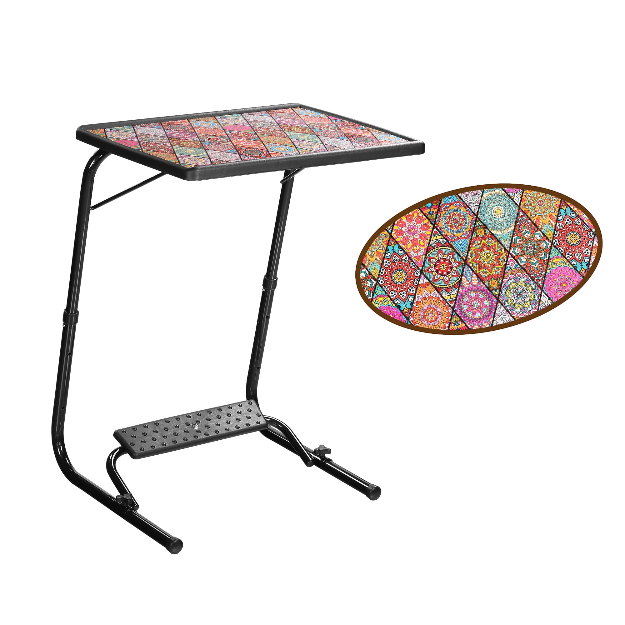 TABLE MAGIC Alloy Steel - Laptop Table Mat Finish, Lapdesk, Utility Table, Table With Footrest, Height Adjustable Table, Work At Home Table, Study Table (Tm Footrest- Mandala Black, Large)