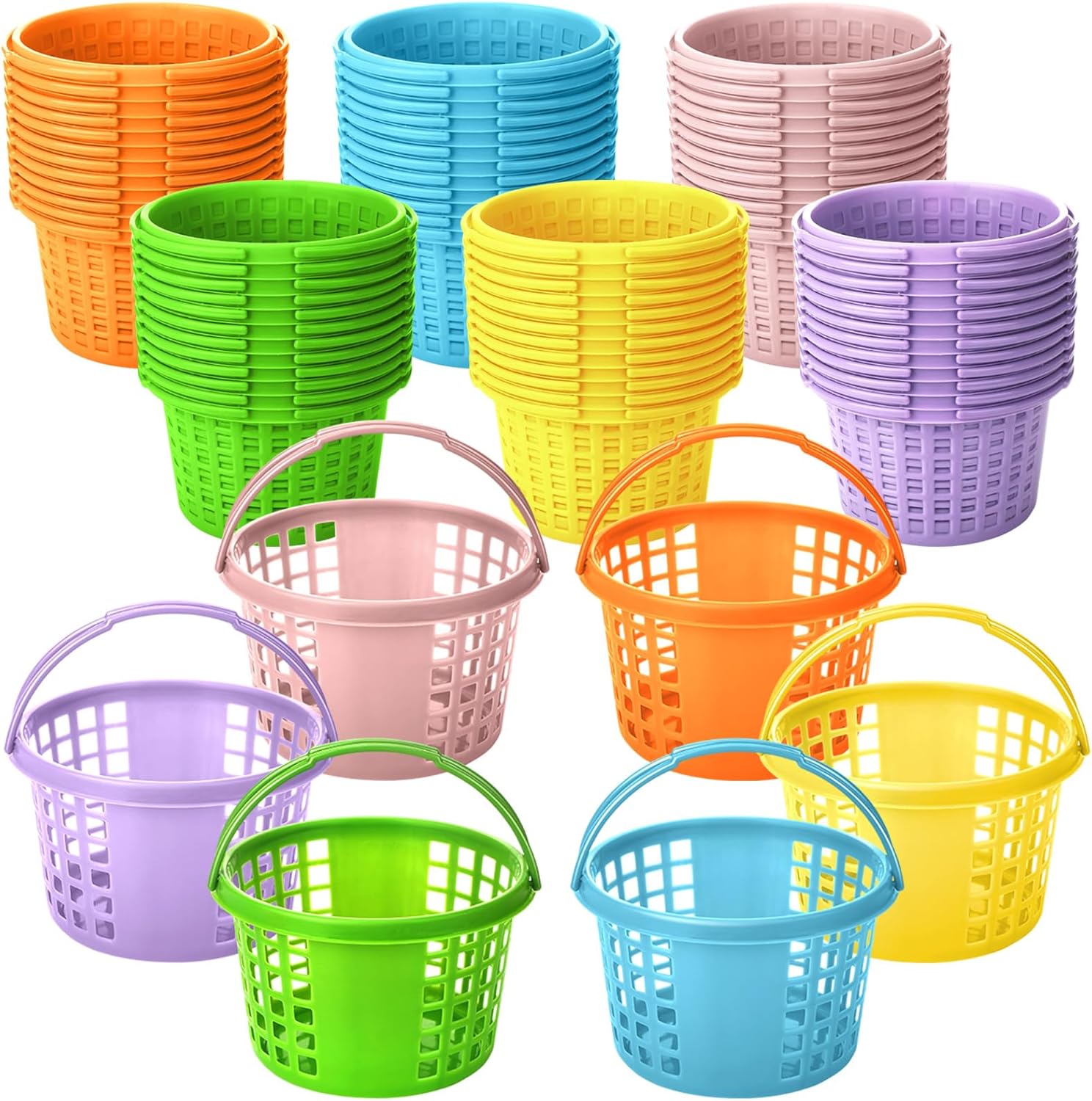 Beeveer 72 Pcs Plastic Easter Baskets Bulk with Handles Pastel Easter Egg Hunt Basket Small Round Basket 6.7 Inch Bucket for Egg Hunts Goodies Party Favor Supplies