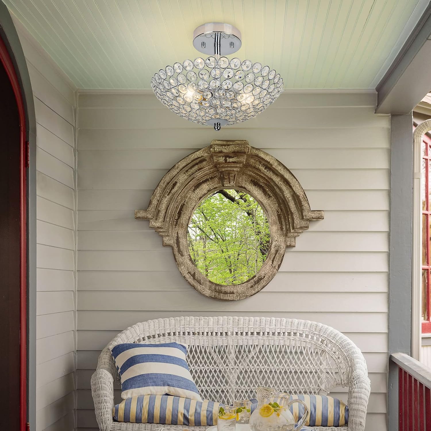 DLLT Modern Crystal Ceiling Light, 2-Light Crystal Chandelier Lighting Fixture, Semi Flush Mount for Bedroom, Entryway, Foyer, Hallway, Closet Room, Chrome Finish E12 Base(Bulb Not Included)