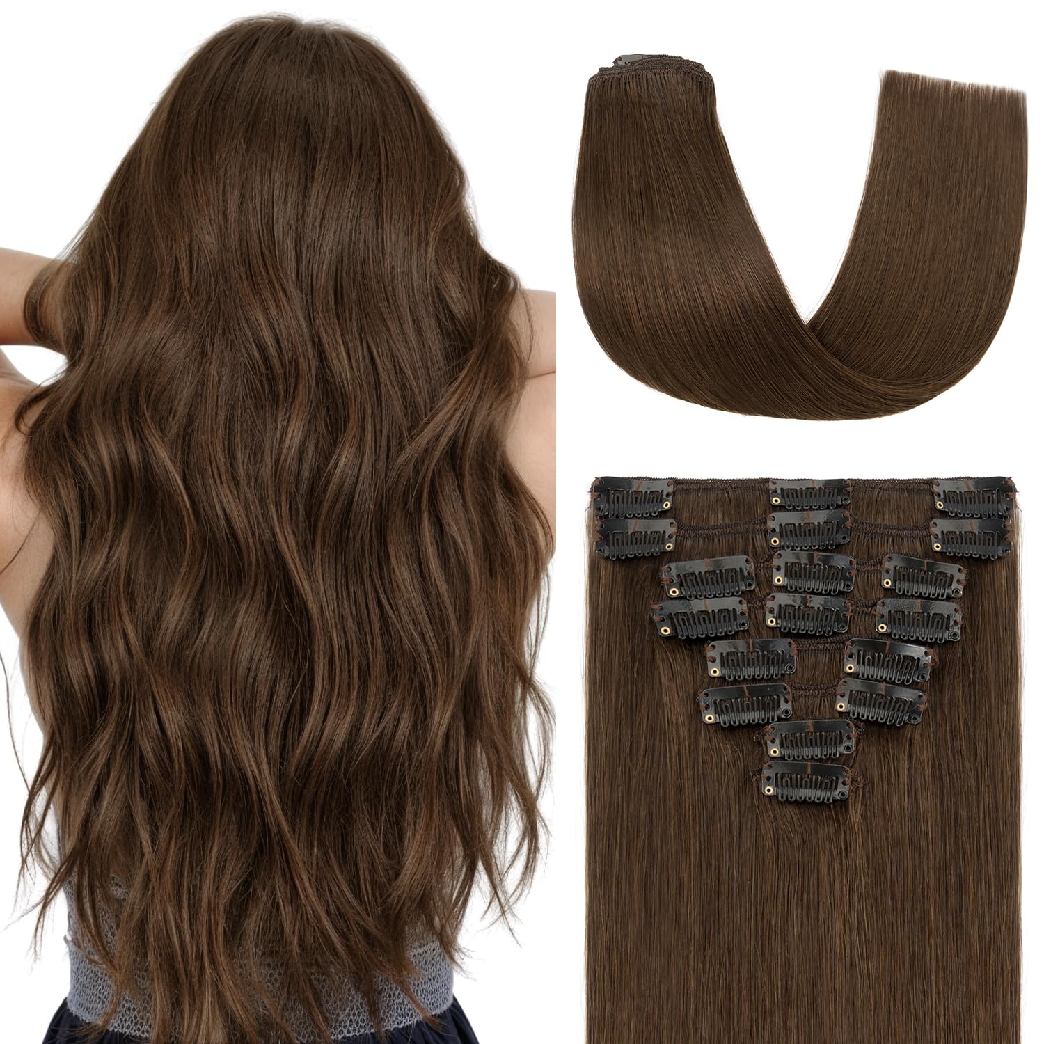 Clip in Hair Extensions Real Human Hair 20 Inch Human Hair Clip in Extensions Dark Brown Hair Extensions Clip ins Double Weft 100% Real Human Hair