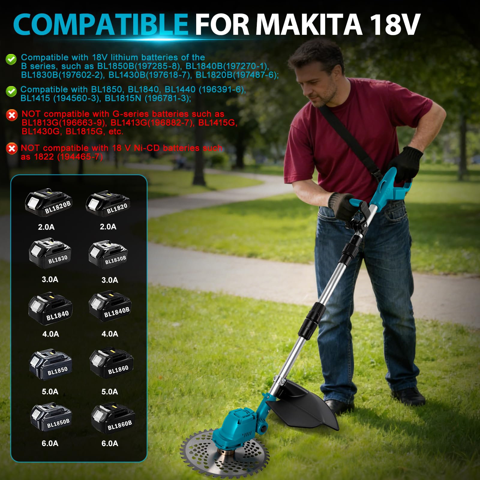Desbrozadora compatible con baterías Makita de 18 V, motor sin escobillas de 750 W, plegable 180°, cabezal giratorio de 90°, para jardín y cuidado del césped
