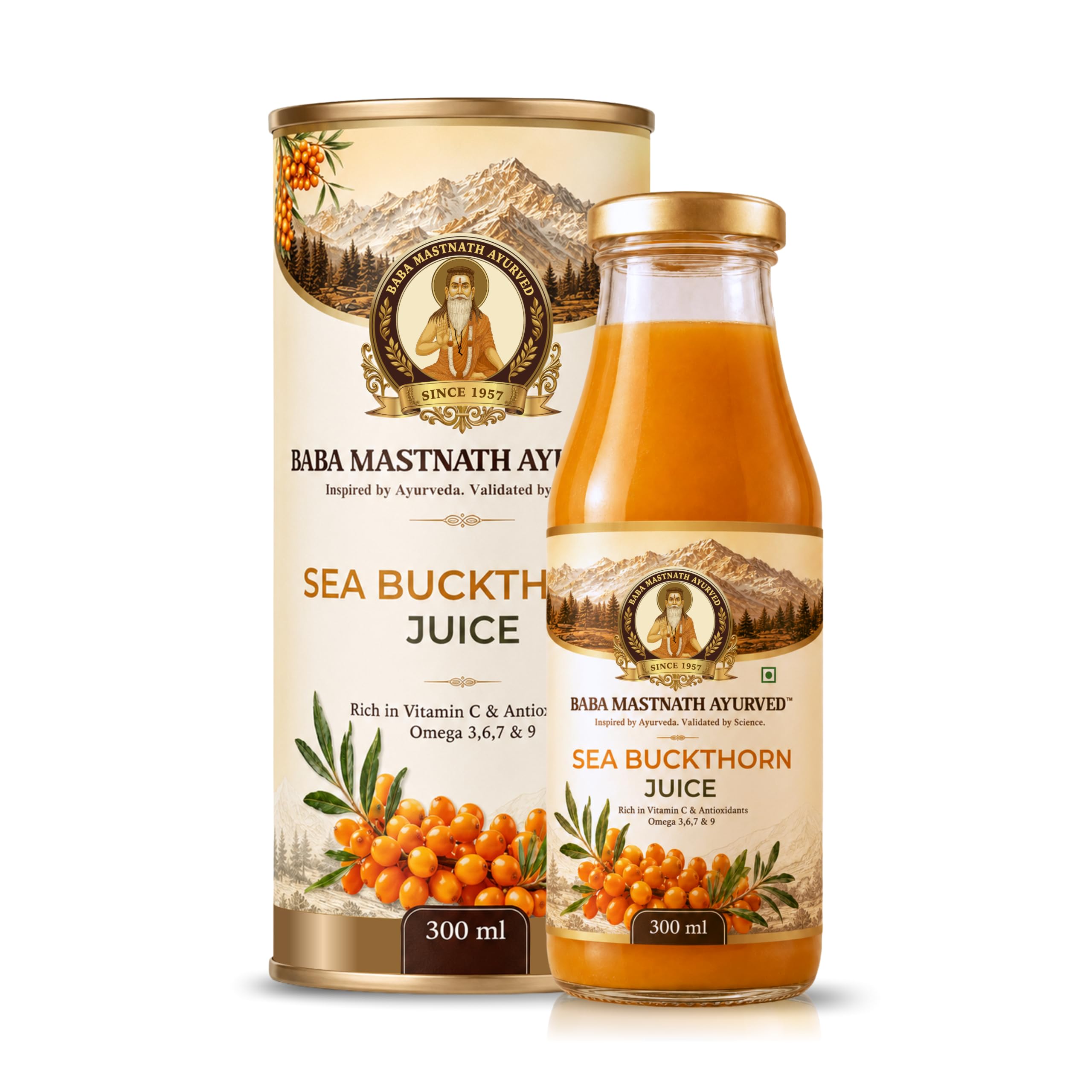 Baba Mastnath Ayurved Sea Buckthorn Juice 300 ml Glass Bottle | Himalayan Seabuckthorn Berry Juice | Rich in Vitamin C & Antioxidants | Omega 3,6,7 & 9 | No Added Sugar & Colours | Immunity, Skin & Gut Health Support | Seabuckthorn for Men & Women-image-33