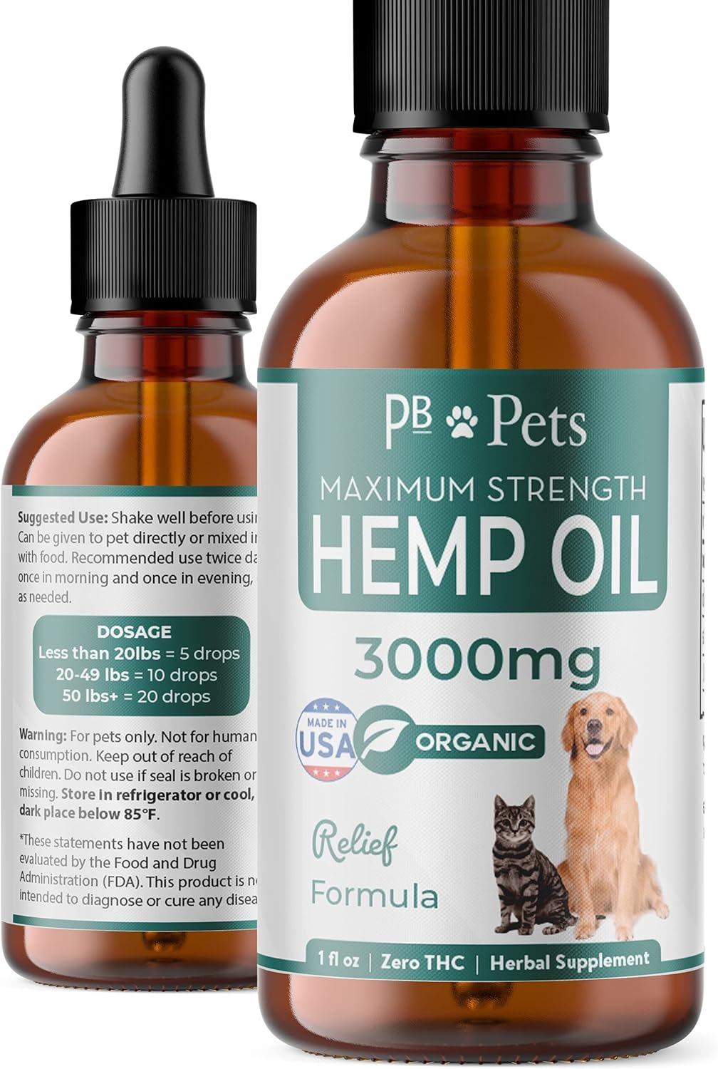 PB Pets Hemp Oil for Dogs and Cats - Organically Grown & Made in USA - Pet Relief Herbal Supplement, Natural Calm, Hip & Joint Support, Pain, Skin Health : Pet Supplies