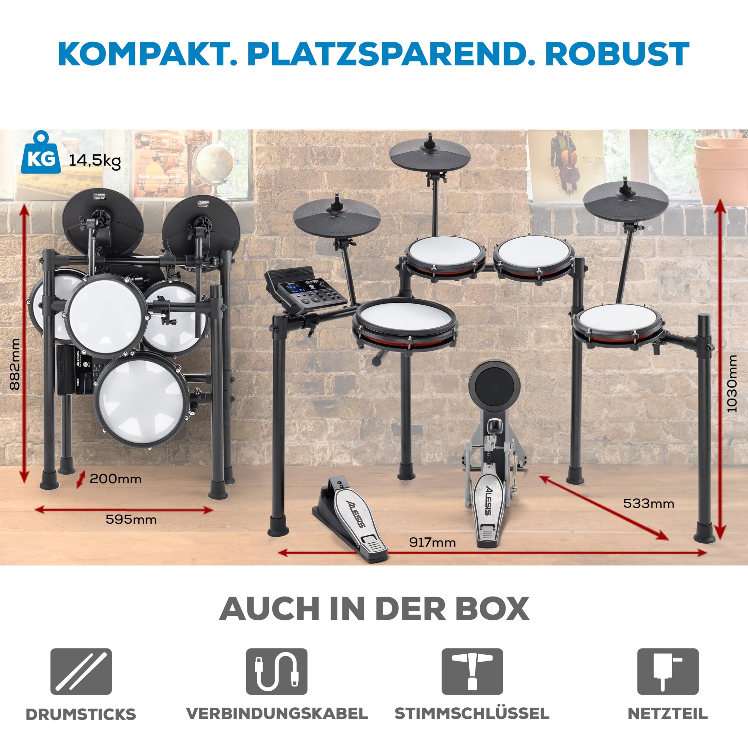 Alesis Nitro Max Kit Elektronische Schlagzeug mit Quiet Mesh Pads, 10" Dual Zone Snare, Bluetooth, 440+ Sounds, Drumeo, USB MIDI, Kick Pedal, Schlagzeughocker und ohrumschließende Kopfhörer