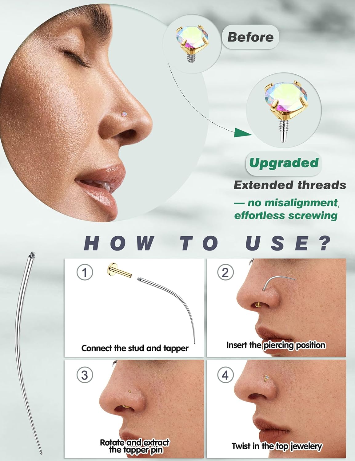 Hypoallergenic Nose Studs for Women - 16G/18G 316L Surgical Steel Nose Rings Studs Internally Threaded CZ Flat Back Stud Earrings Labret Stud Lip Tragus Helix Cartilage Piercing Jewelry for Women Men - Image 5