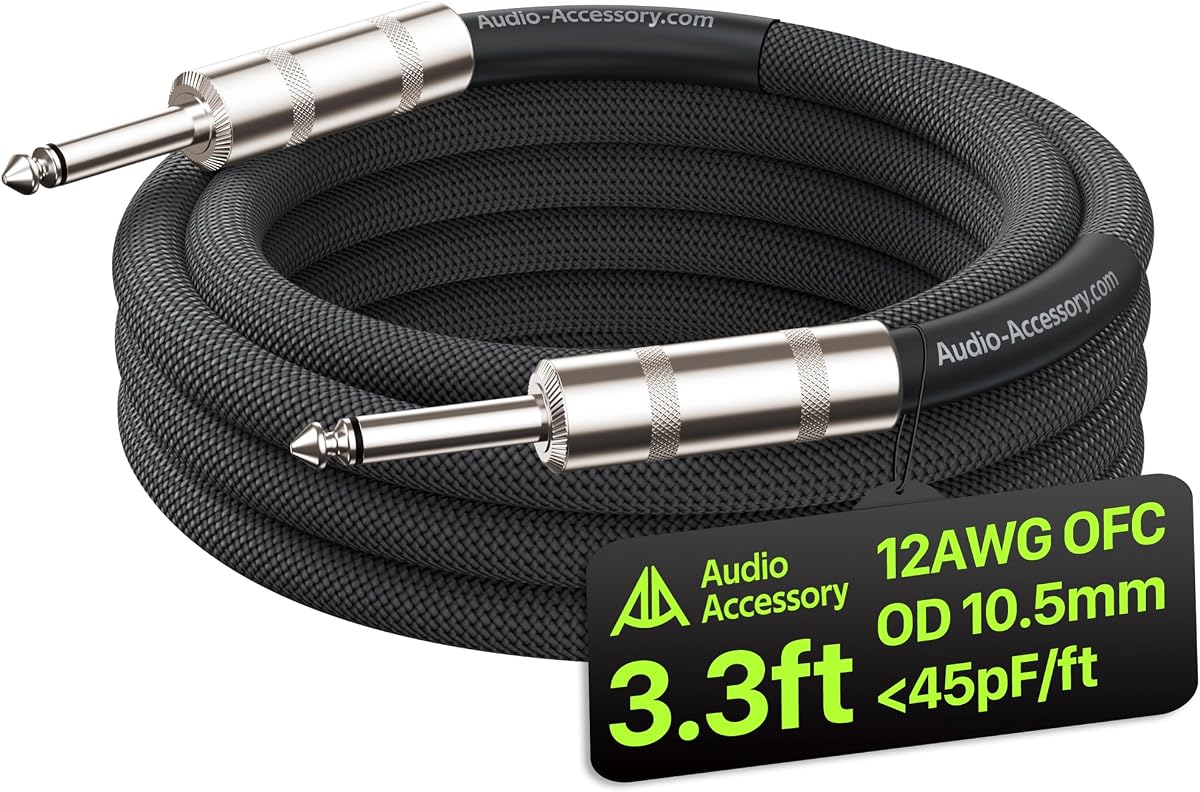 AA ACCESORIO DE AUDIO Cable de altavoz 1/4 pulgada 3.3 pies, 12 AWG 10.5 mm Kevlar Nylon trenzado Cable de altavoz para guitarra, baja capacitancia <45 pF/pie Cable de cabezal de amplificador a gabinete con triple blindaje para Marshall Boss Orange EVH