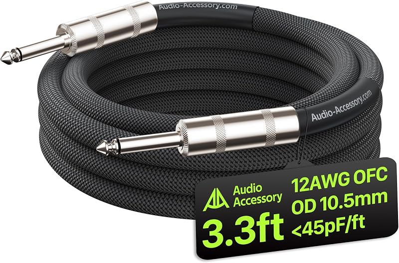 AA ACCESORIO DE AUDIO Cable de parlante 1/4 pulgada 3.3 pies, 12 AWG 10.5 mm Kevlar Nylon trenzado Cable de parlante para guitarra, baja capacitancia <45 pF/pie Cable de cabezal de amplificador a gabinete con triple blindaje para Marshall Boss Orange EVH