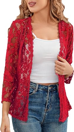 Womens 3/4 Sleeve Bolero Shrugs Crochet Lace Open Cardigan