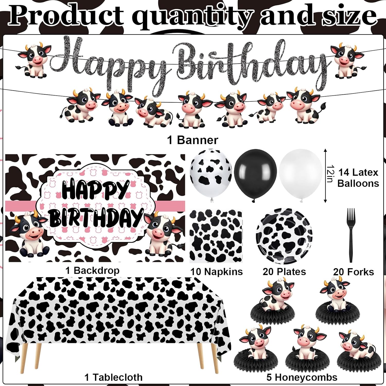 Cow Theme Birthday Party Decorations Cow Print Birthday Party Supplies Farm Animal Barn Party Tableware Set Plates Napkin Fork Banner Honeycomb Balloon Tablecloth for Cowgirl Bday Serve 10 Guests - Image 2