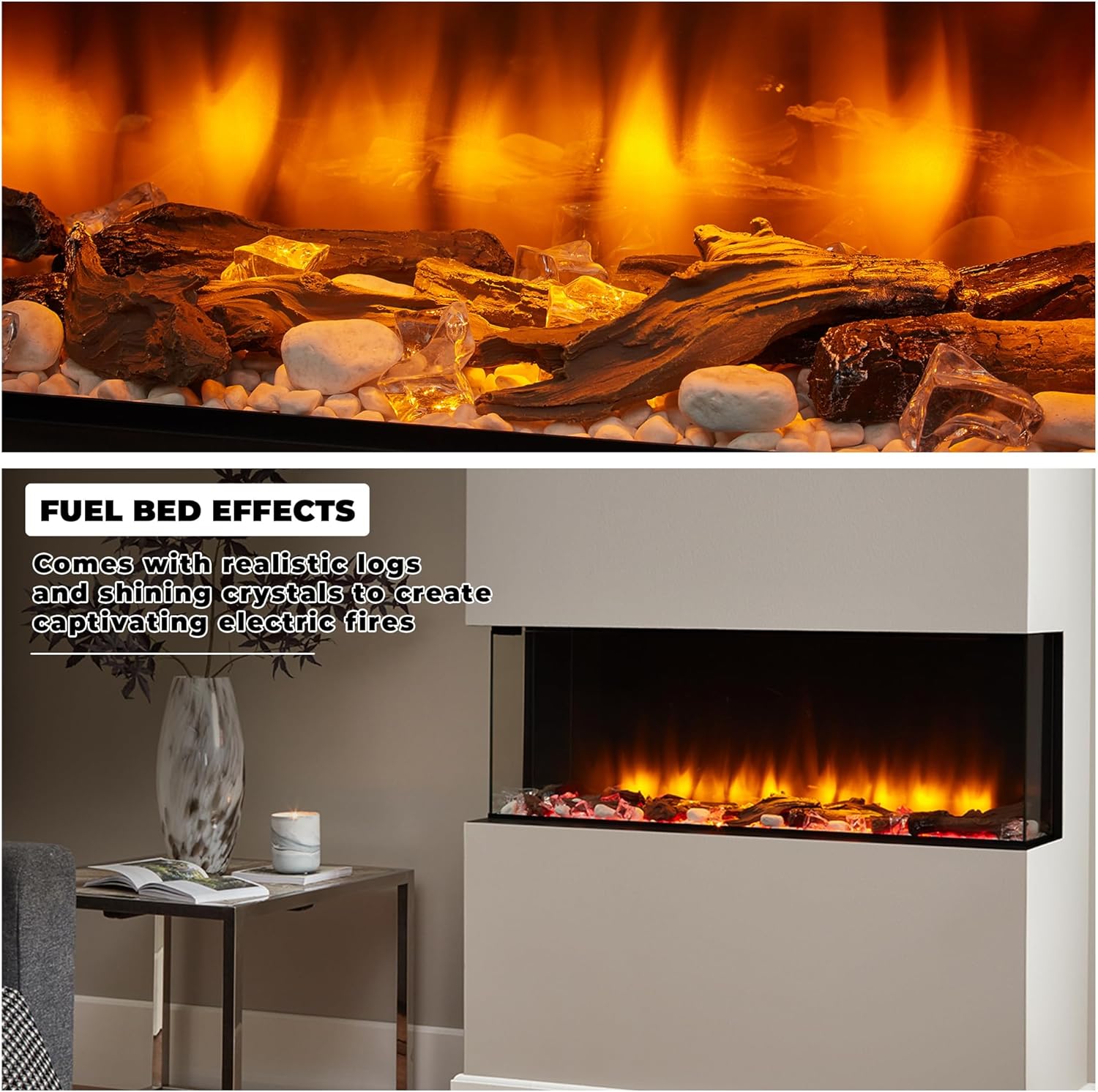 Close-up of the fireplace fuel bed with realistic logs and shining crystals