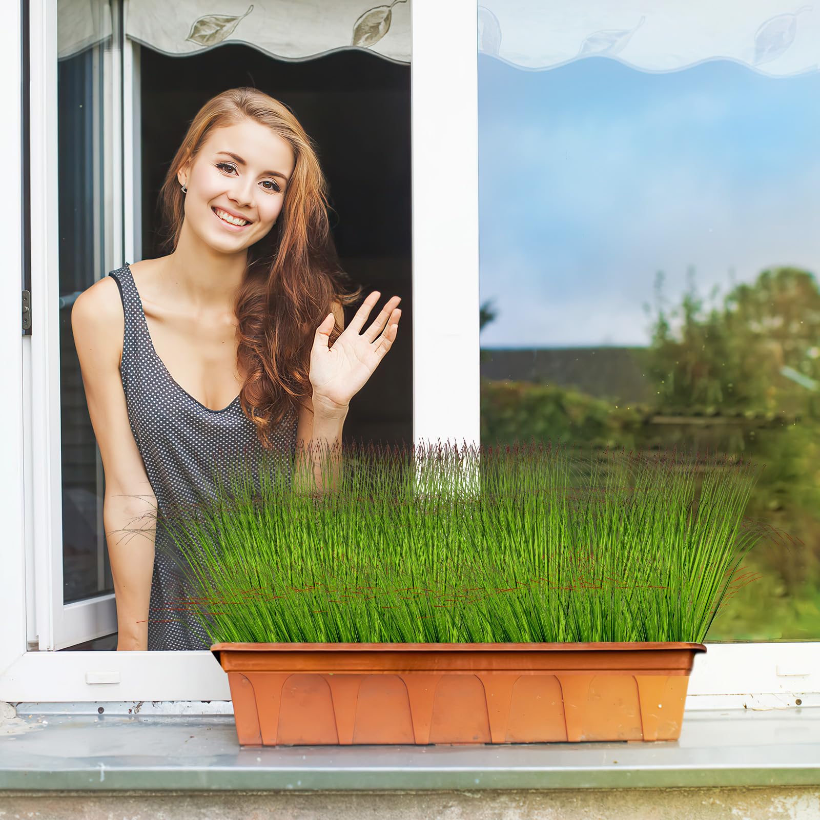 16 PZ Pianta Finta Esterno Artificiali, Pianta di Erba di Grano Artificiale Artificiali di Plastica Falsa Arbusti Verdi per Matrimonio Finestra Giardino Decorazione Esterna