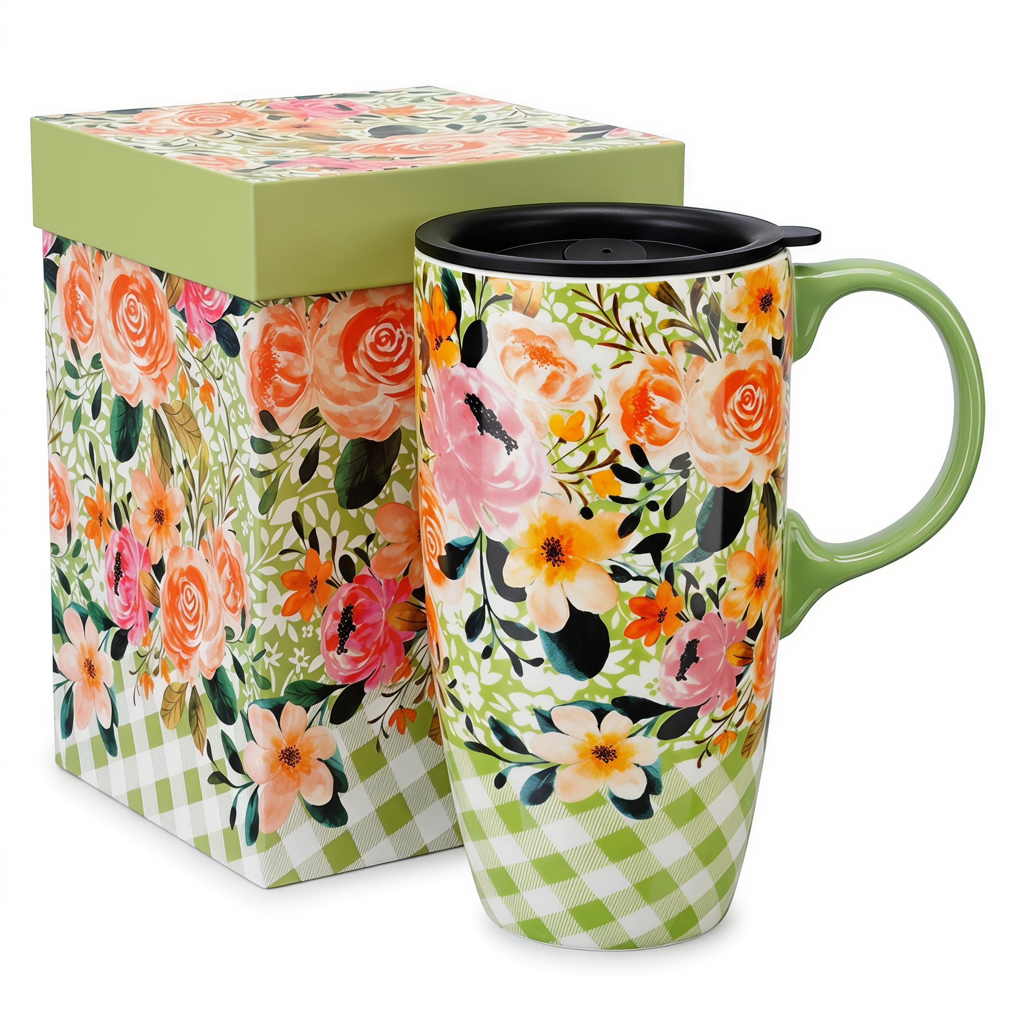 DUSVALLY Taza de café de cerámica para oficina y hogar, pintada única con taza, taza de flores, tazas grandes de 17 onzas, verde