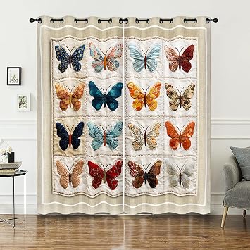 AILONEN Girls Butterfly Window Curtain,Colorful Butterflies Printed Window Drapes,Retro Boho Butterfly Grommet Curtain Room Decor,2 Panels Set, 42" W x 63" H