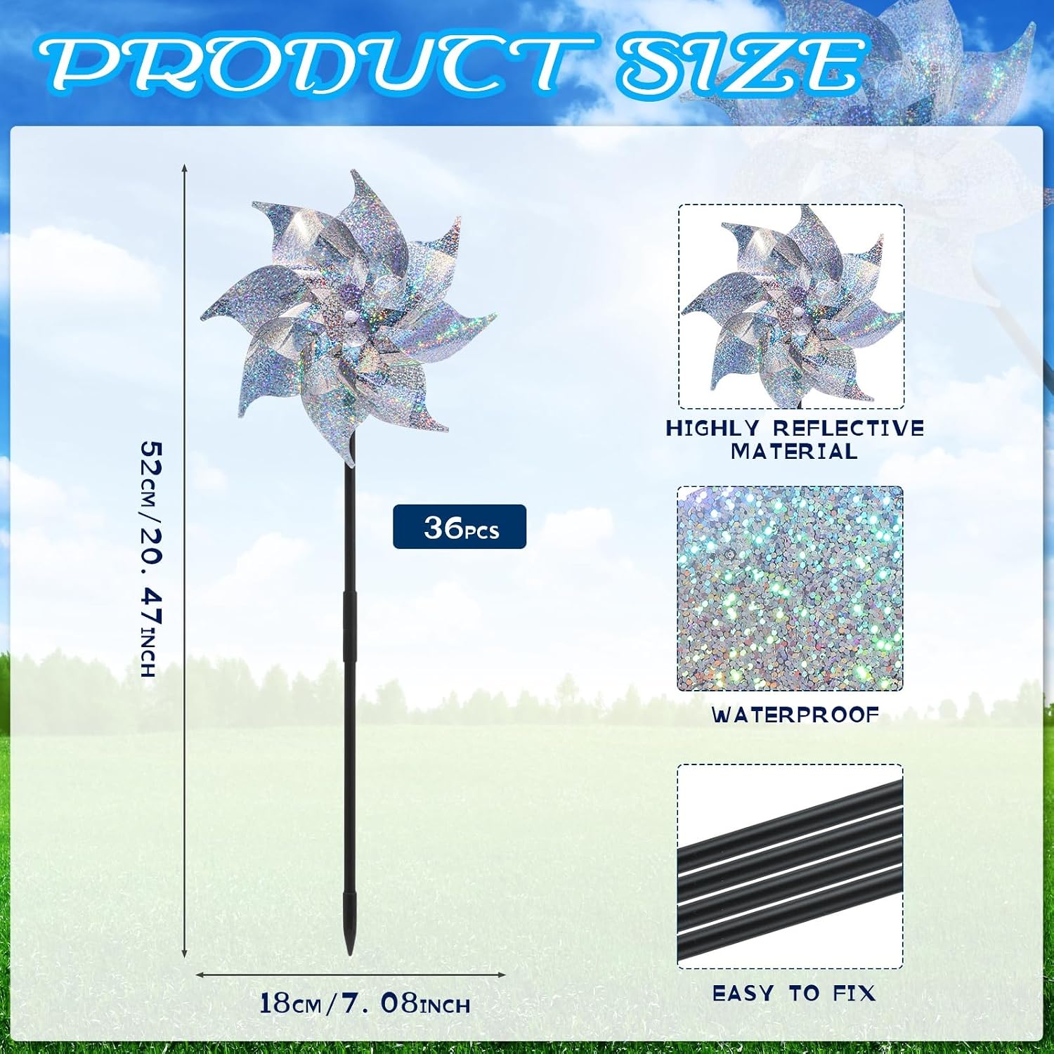 Qualirey 36 Pack Reflective Pinwheels with Stakes Sparkly Pinwheels for Yard and Garden Windmill Wind Spinners Efficiency Reflective Material Deterrents Keep Birds Away Garden Yard Lawn (Silver) image 4