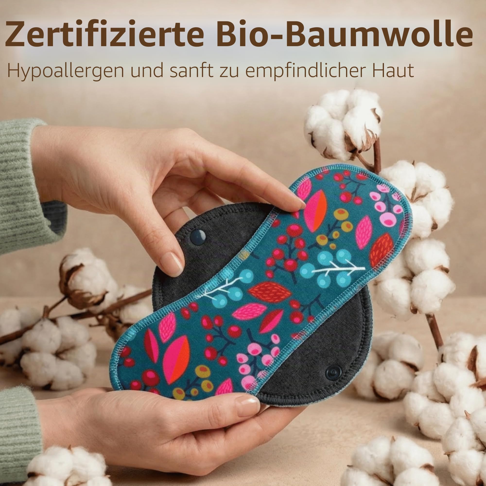 Natissy Bio-Baumwolle Stoffbinden für Frauen und Teenager, Waschbar und Wiederverwendbar, Dünn mit Sicherem Halt, Saugfähig für Leichte Tage, Größe S und M, 6er-Pack, Made in EU