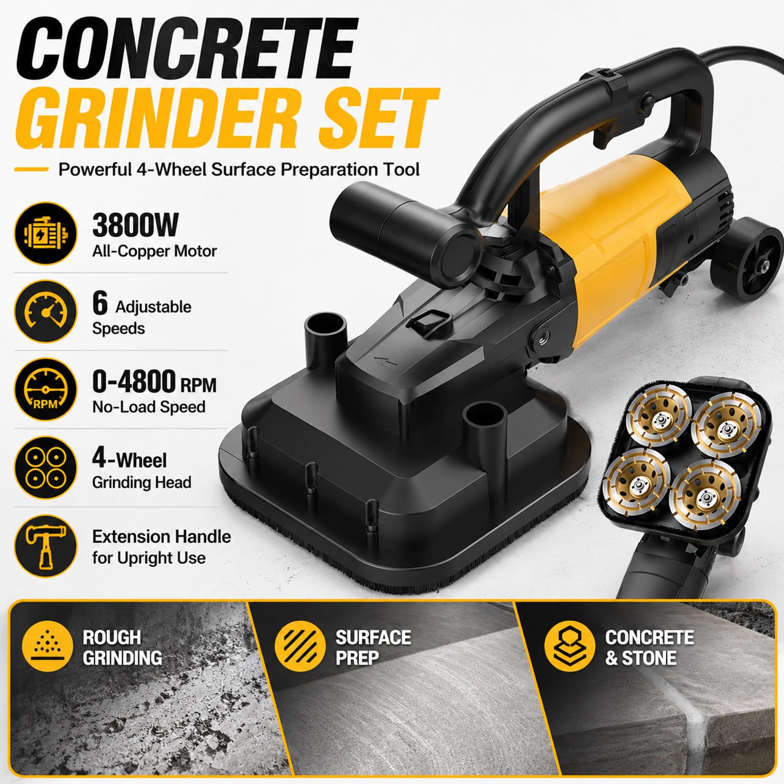 Pulidora EléCtrica de Concreto de 3800 W, con Ruedas Auxiliares Y Mango Largo, Pulidora de Suelos de Terrazo de 4 Cabezales, para Entradas de VehíCulos, Talleres Kit2