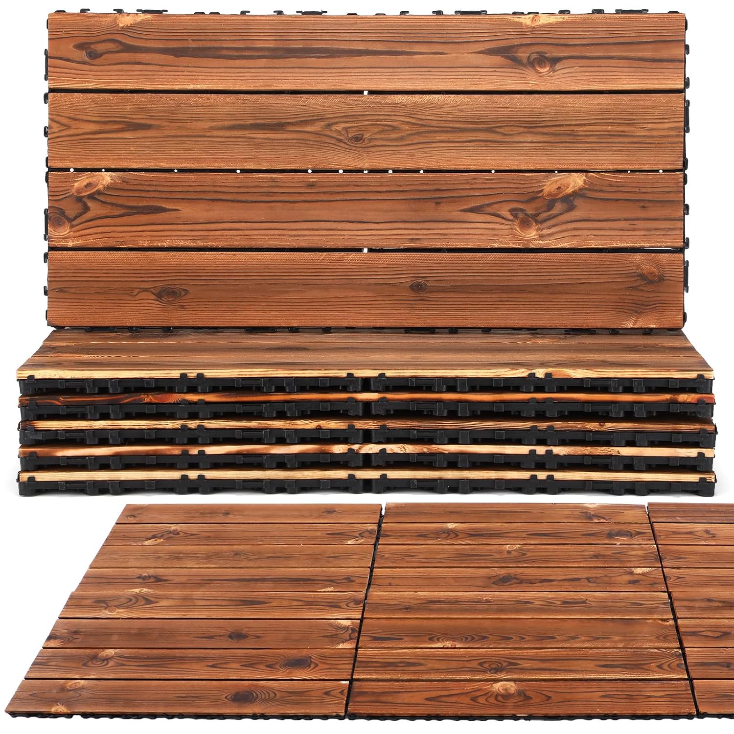 6 Pcs Interlocking Deck Tiles 24 x 12 Inch Wood Deck Tiles Wooden Floor Decor 12 Sq Ft Outdoor Waterproof Patio Flooring for Indoor Outdoor Balcony Backyard Garden Poolside